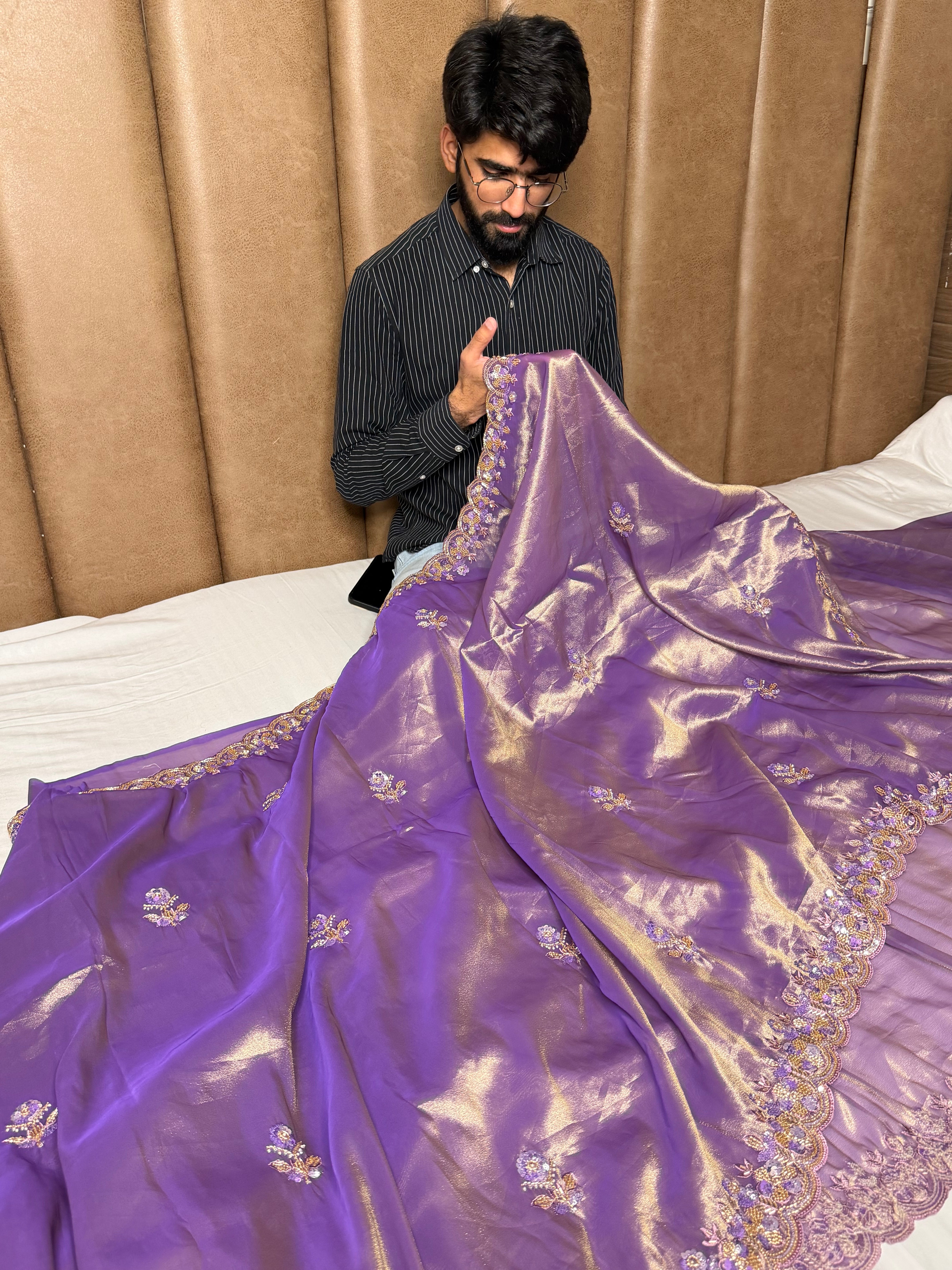 Dark Lavender Tissue Silk Banarasi Saree with Intricate Handwork and Scallop Borders