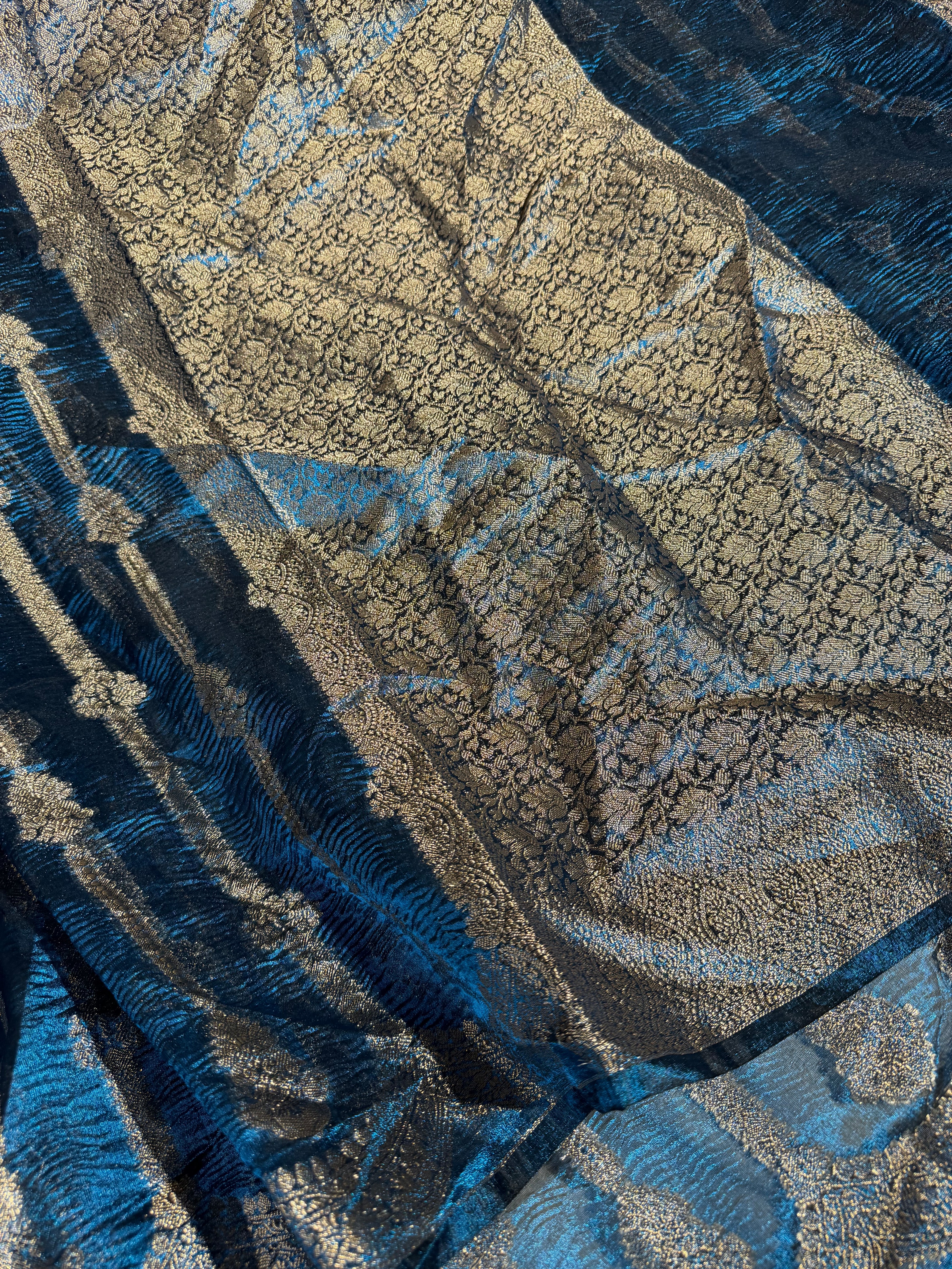 Metallic Blue Crush Tissue Silk Banarasi Saree