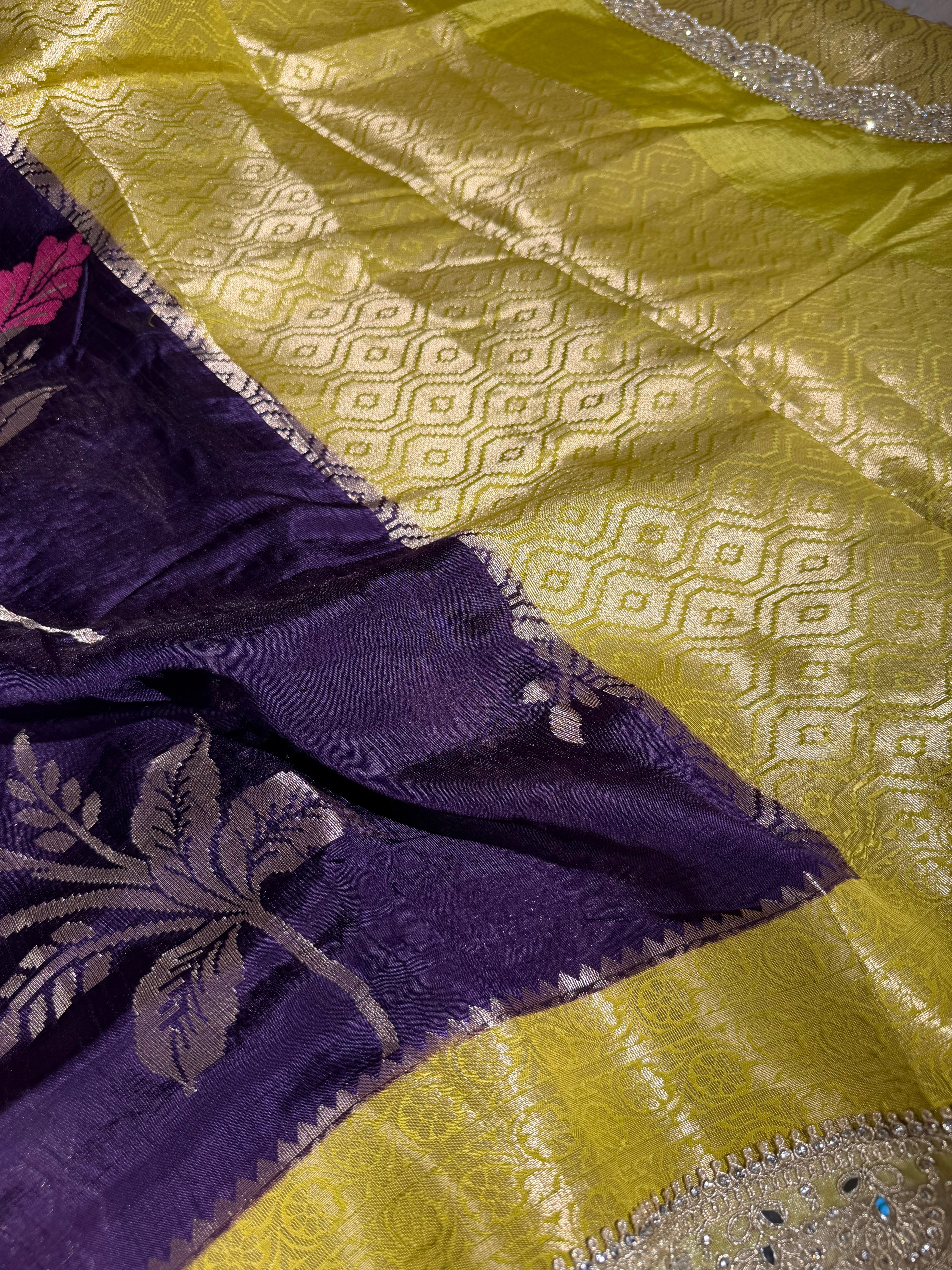 Purple Green Dupion Silk Premium Designer Saree