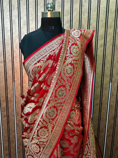 Bright Red Satin Katan Silk Bridal Banarasi Saree