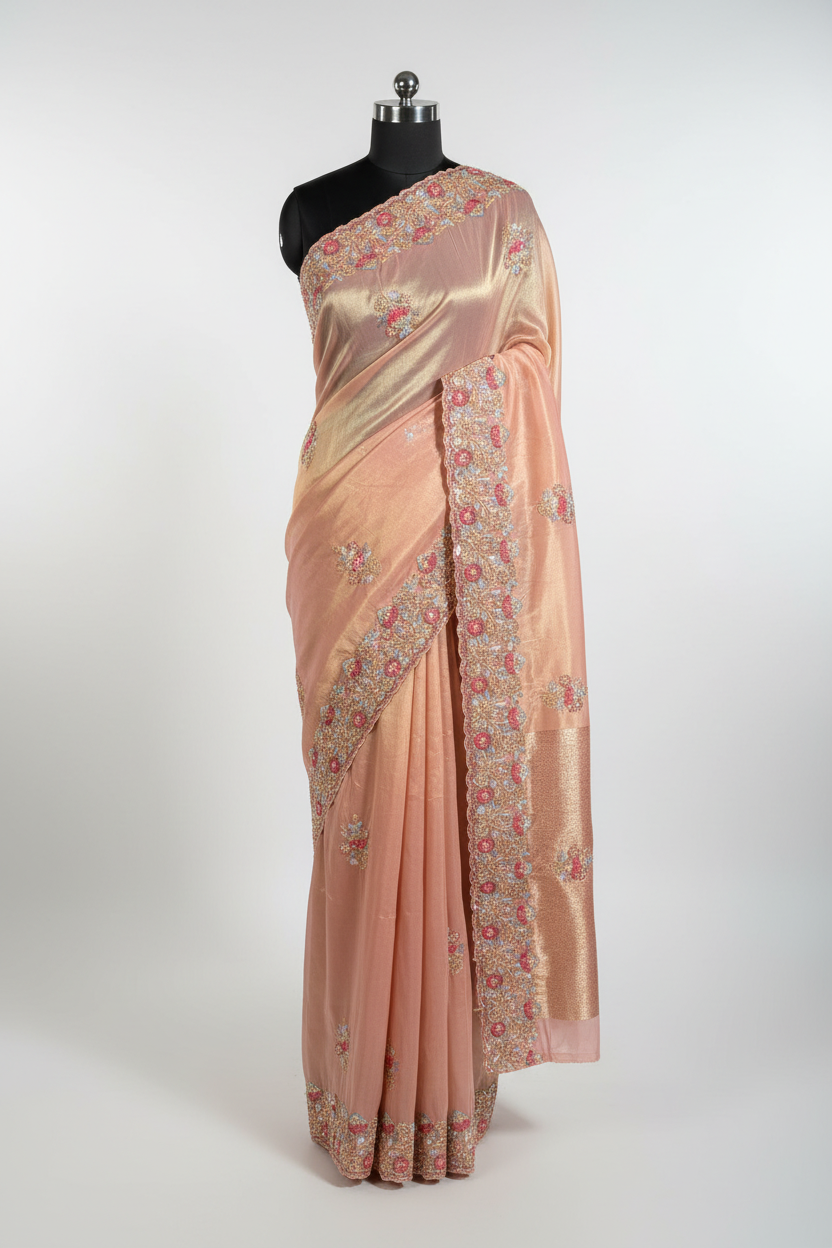 Subtle Mauve Peach Shimmery Tissue Silk Handwork Saree