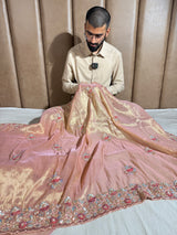 Subtle Mauve Peach Shimmery Tissue Silk Handwork Saree