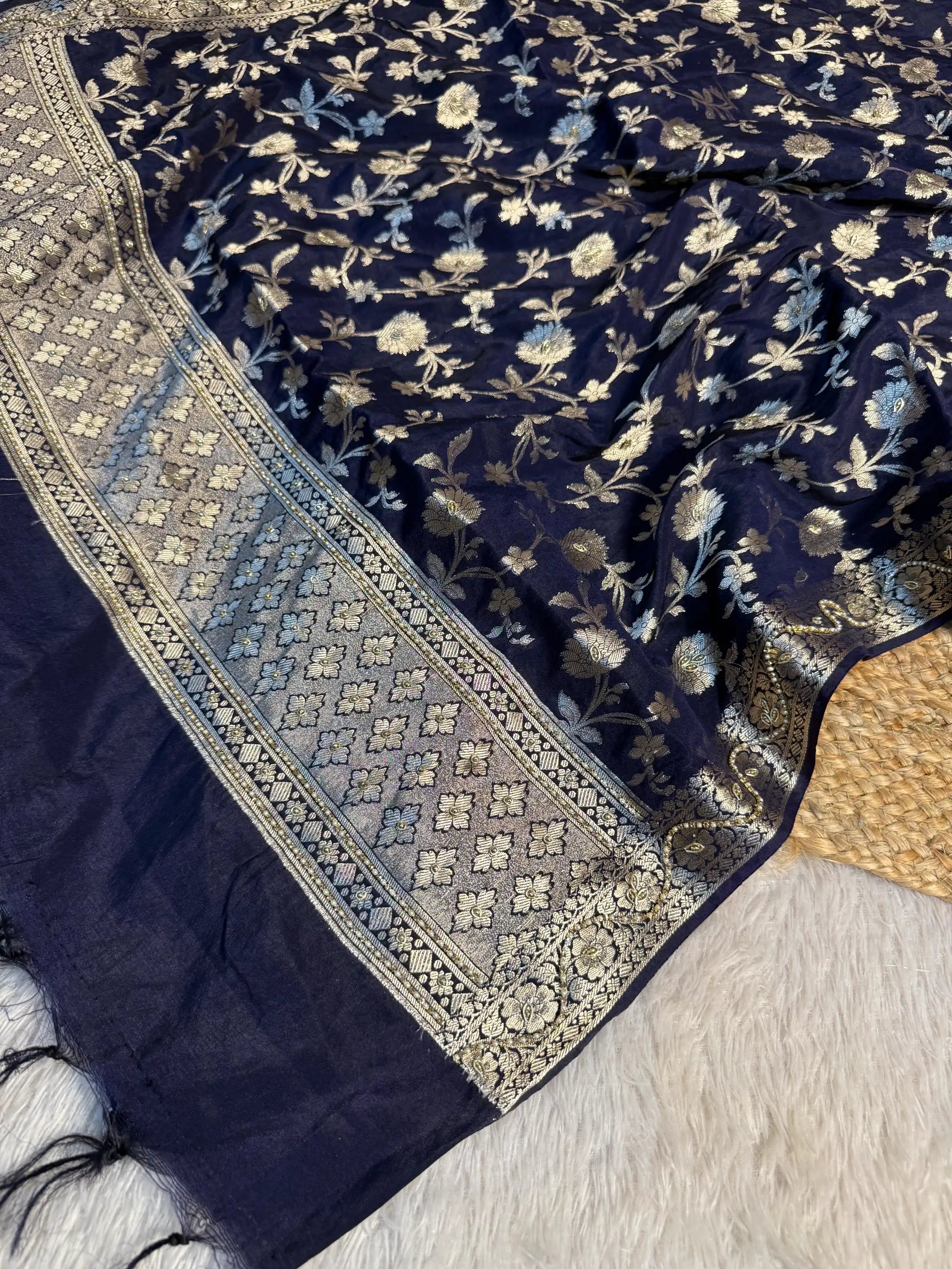 Navy Blue 3 Pcs Chinia Banarasi Suit Set