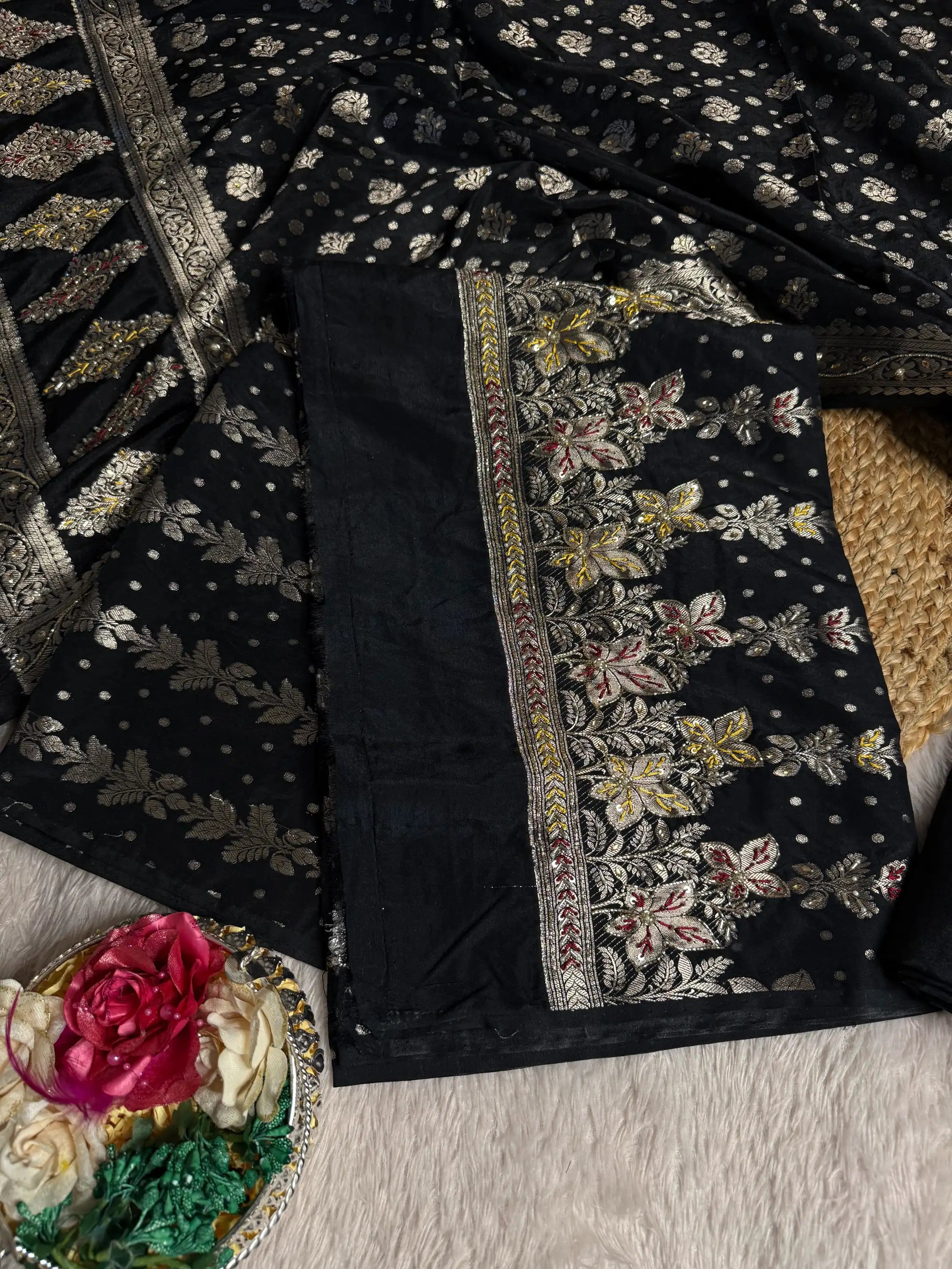 Jet Black Traditional Weave Premium Handwork Banarasi Suit