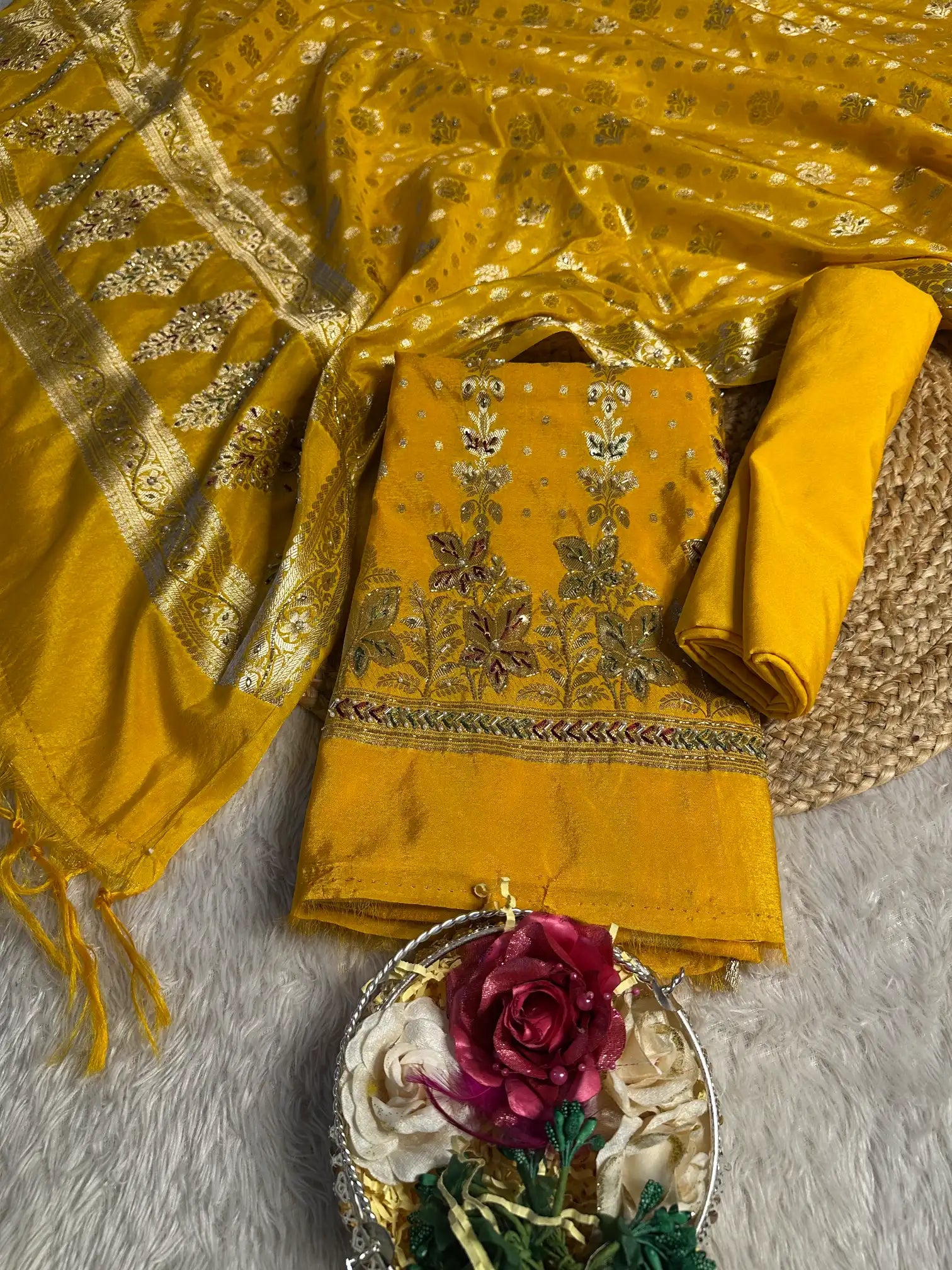Bright Yellow Chinia Silk Premium Handwork Banarasi Suit