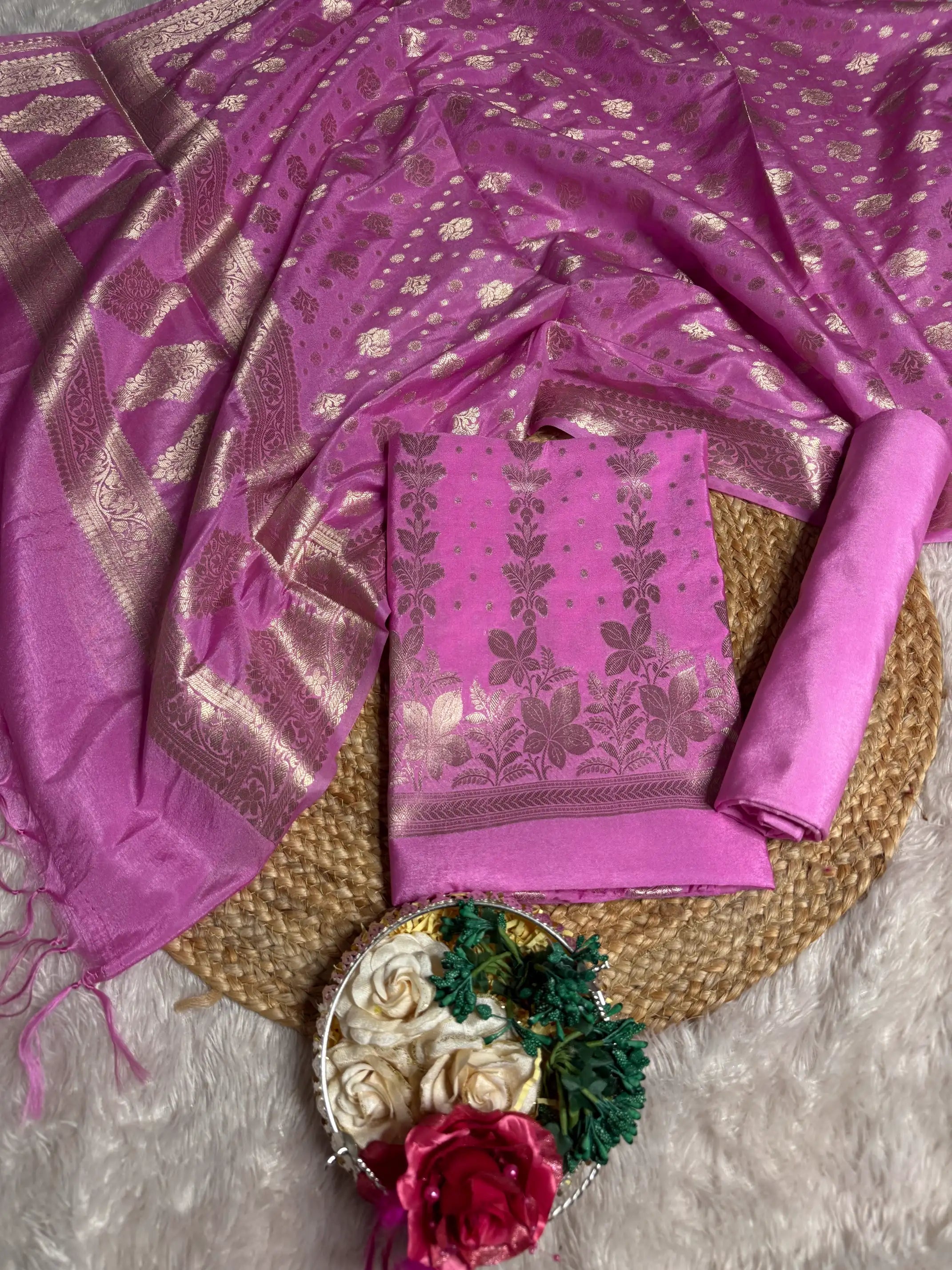 Pink 3 Pcs Chinia Banarasi Suit Set