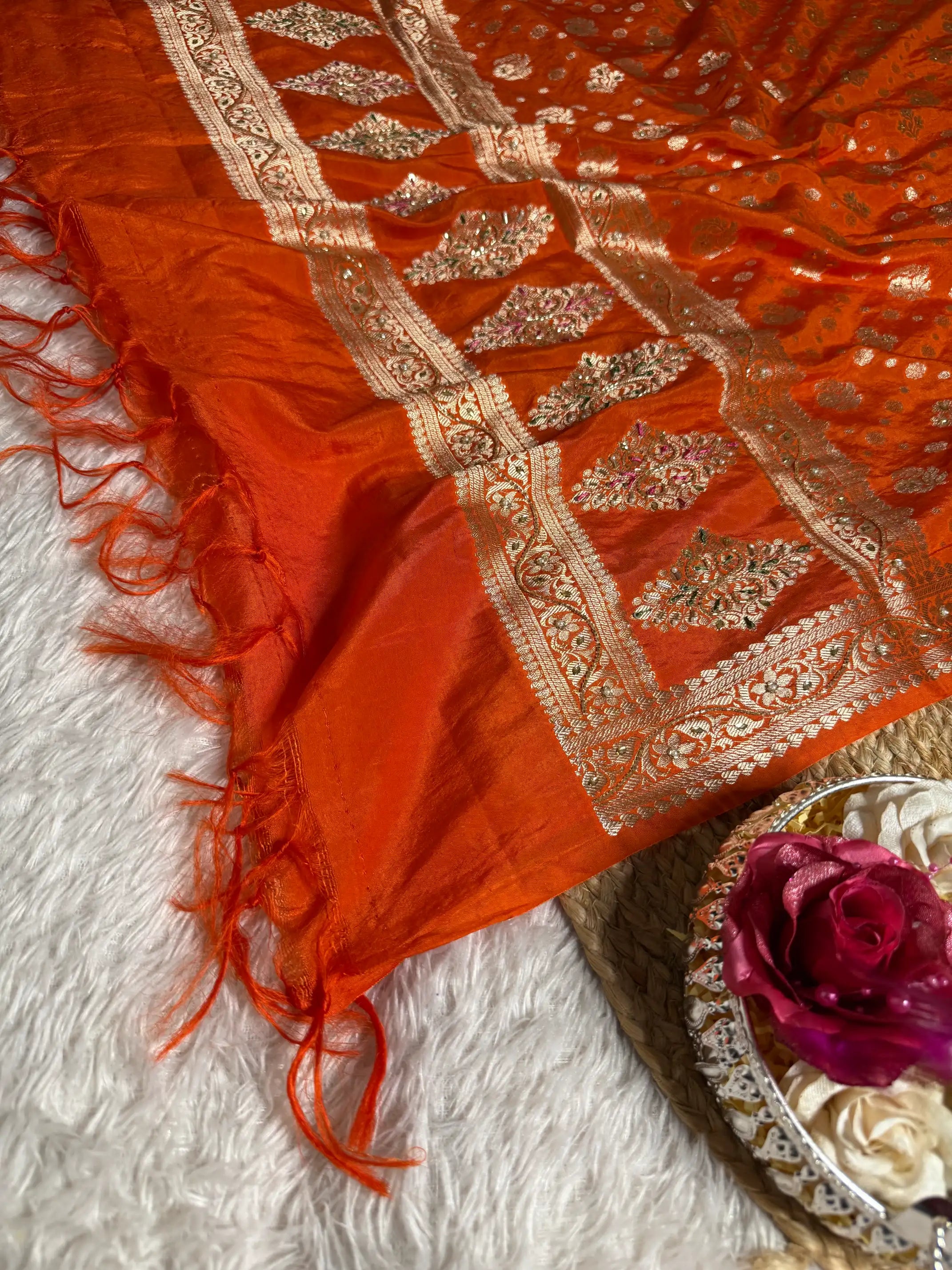 Orange Chinia silk premium handwork Banarasi suit