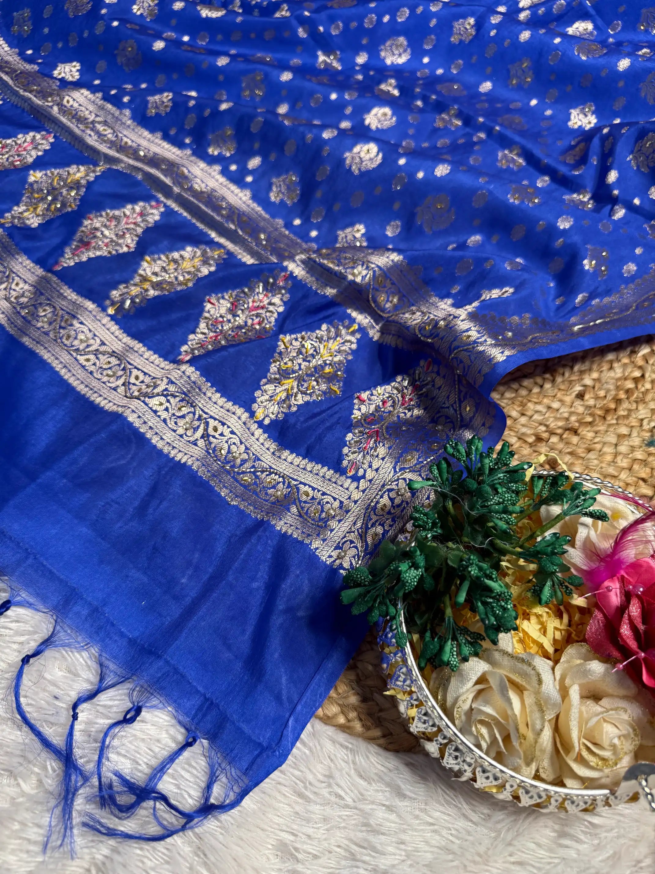 Royal Blue Jacquard Weave Premium Handwork Banarasi Suit