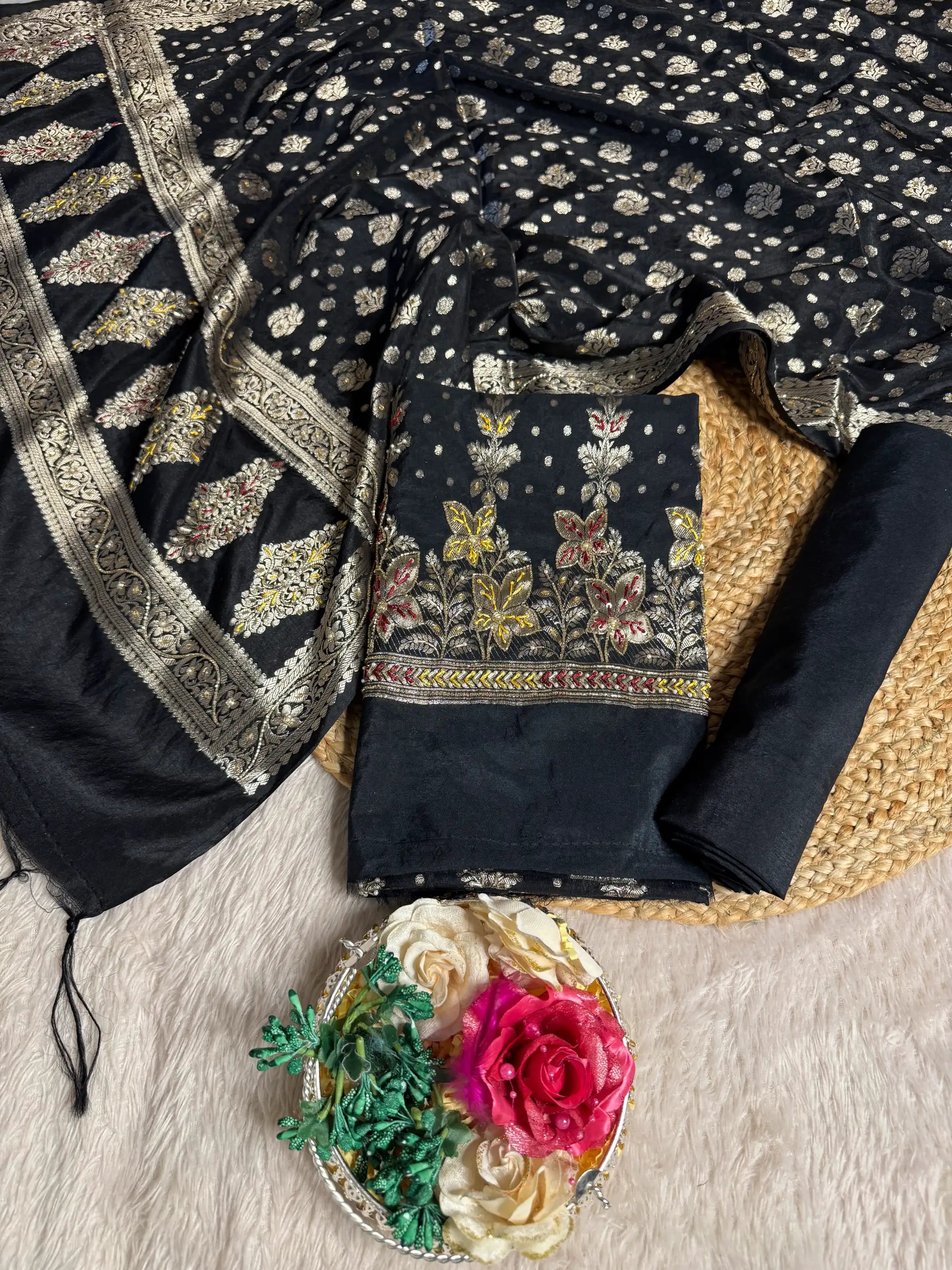 Jet Black Traditional Weave Premium Handwork Banarasi Suit