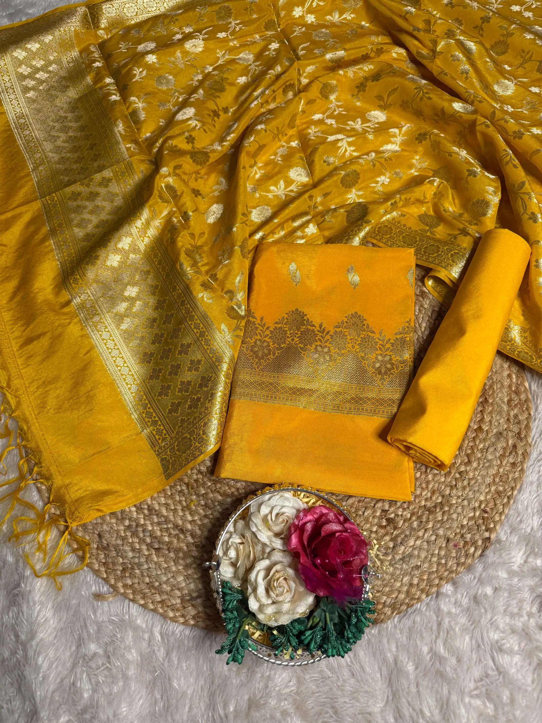 Yellow 3 Pcs Chinia Banarasi Suit Set