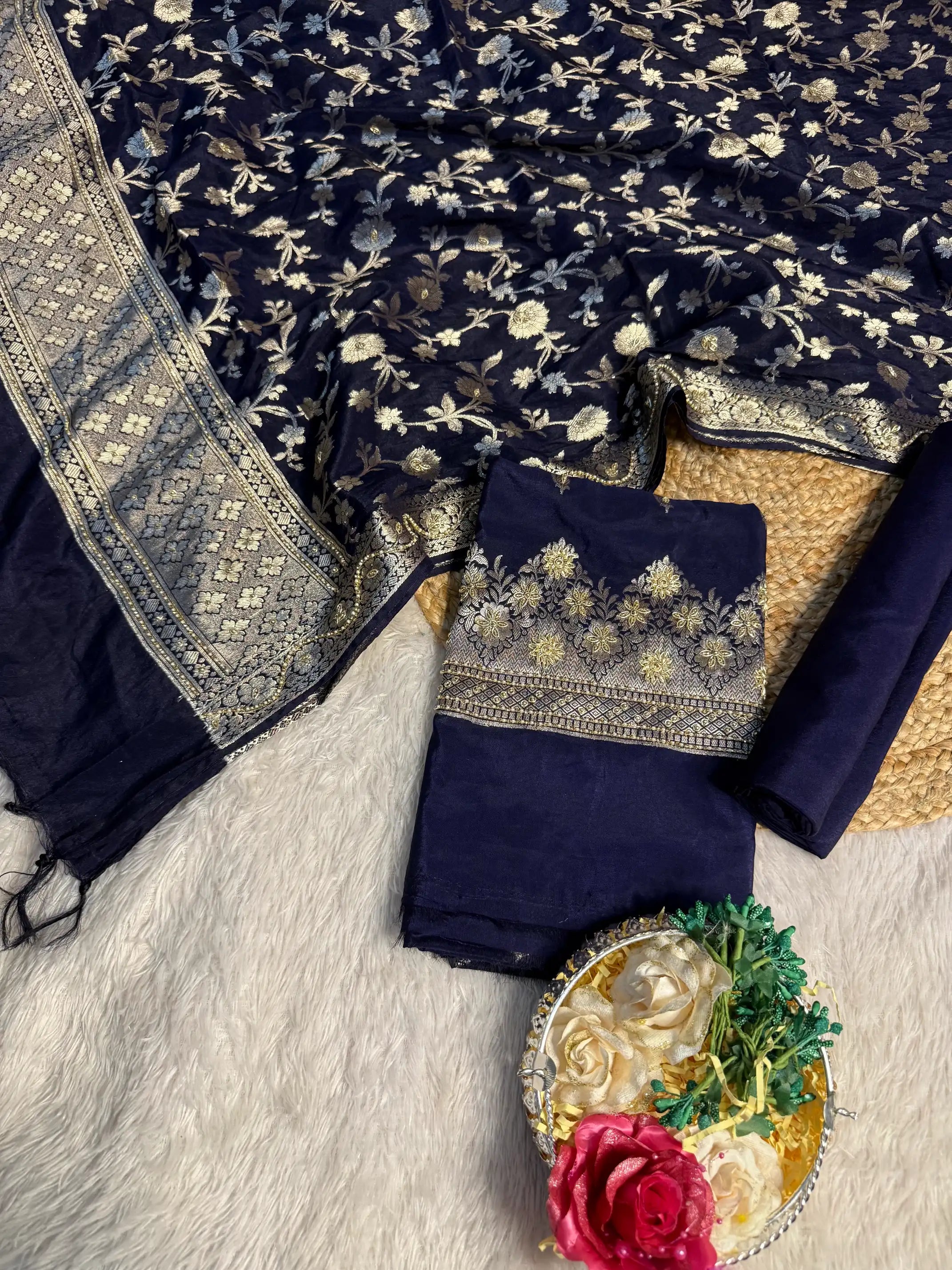 Navy Blue 3 Pcs Chinia Banarasi Suit Set