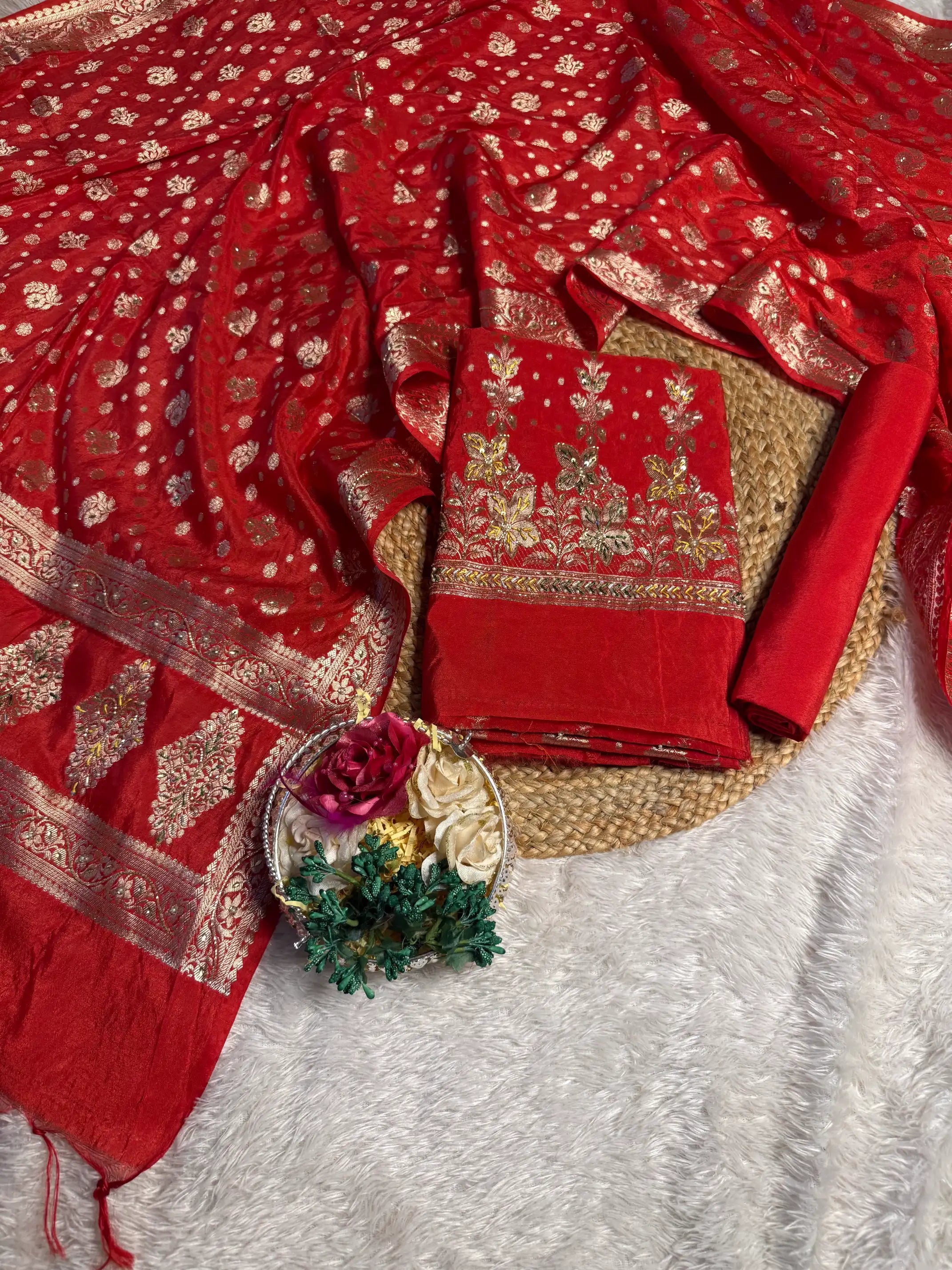 Bridal Red Eccentric Weave Premium Handwork Banarasi Suit