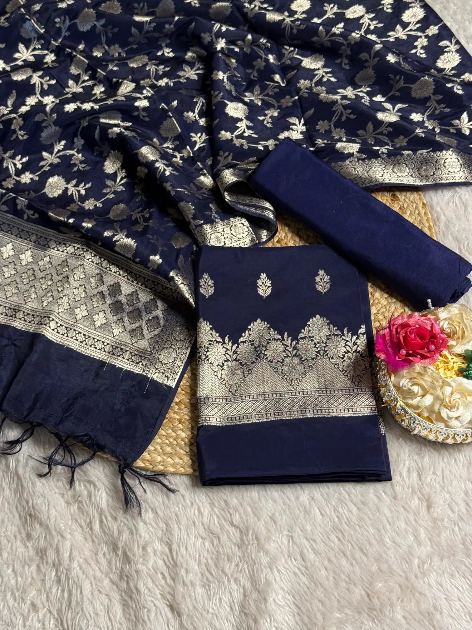 Navy Blue 3 Pcs Chinia Banarasi Suit Set