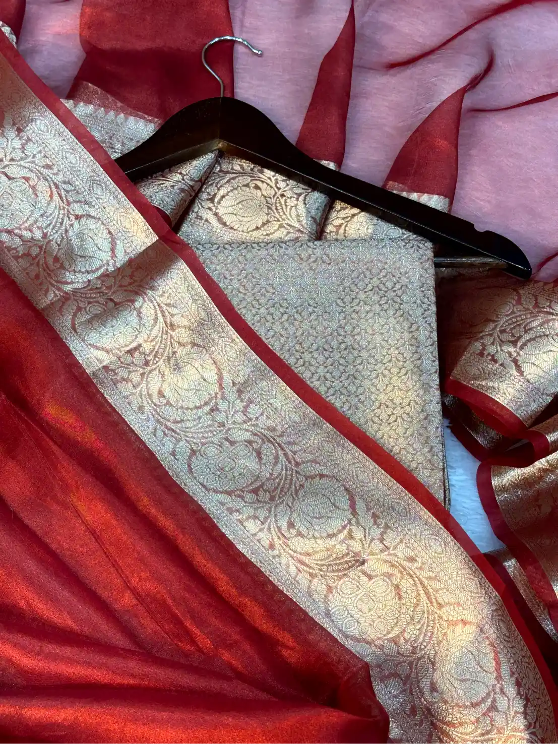 Carmine Red 100% Pure Tissue Silk Border Banarasi Saree