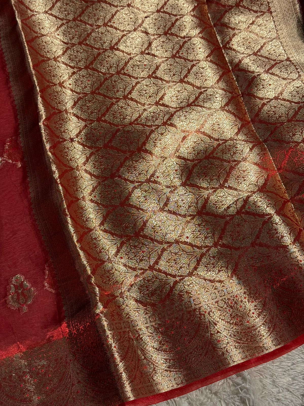 Carmine Red 100% Pure Tissue Silk Traditional Jacquard Weave Banarasi Saree