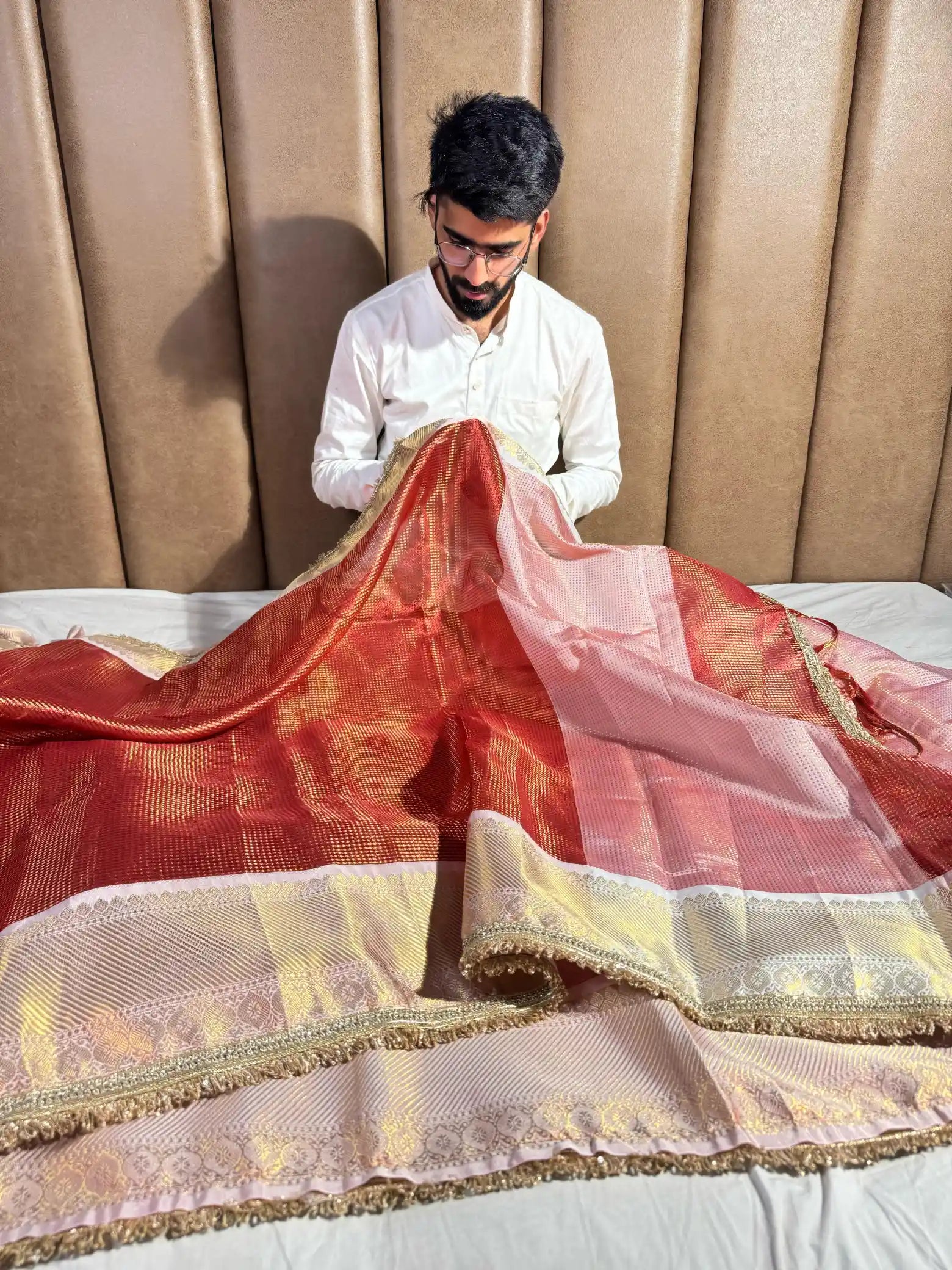 Carmine Red Brocade Tissue Silk Banarasi Saree with Premium Lace Attached