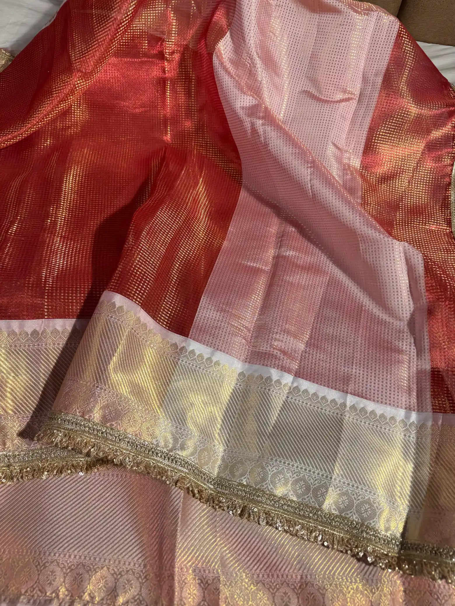 Carmine Red Brocade Tissue Silk Banarasi Saree with Premium Lace Attached