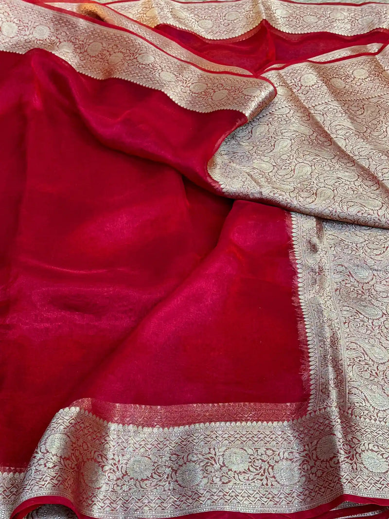 Carmine Red Pure Tissue Silk Banarasi Saree