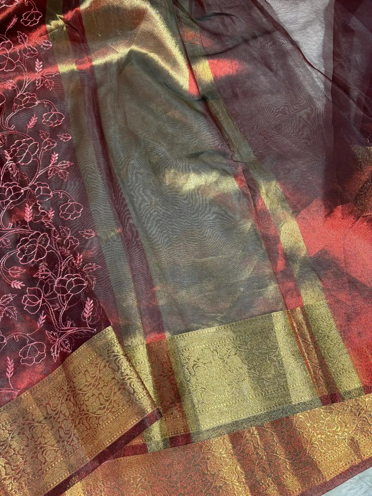 Carmine Red Shade Eccentric Soft Tissue Silk Banarasi Saree with Premium Chikankari Embroidery