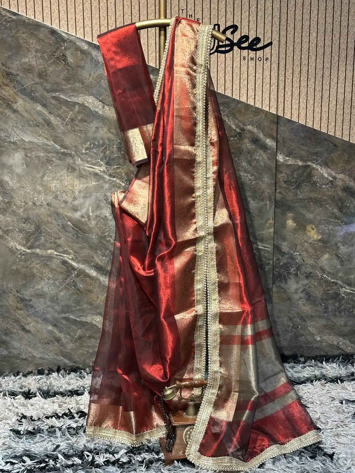 Ready To Wear Carmine Red Soft Tissue Silk Banarasi Saree with Premium Lace
