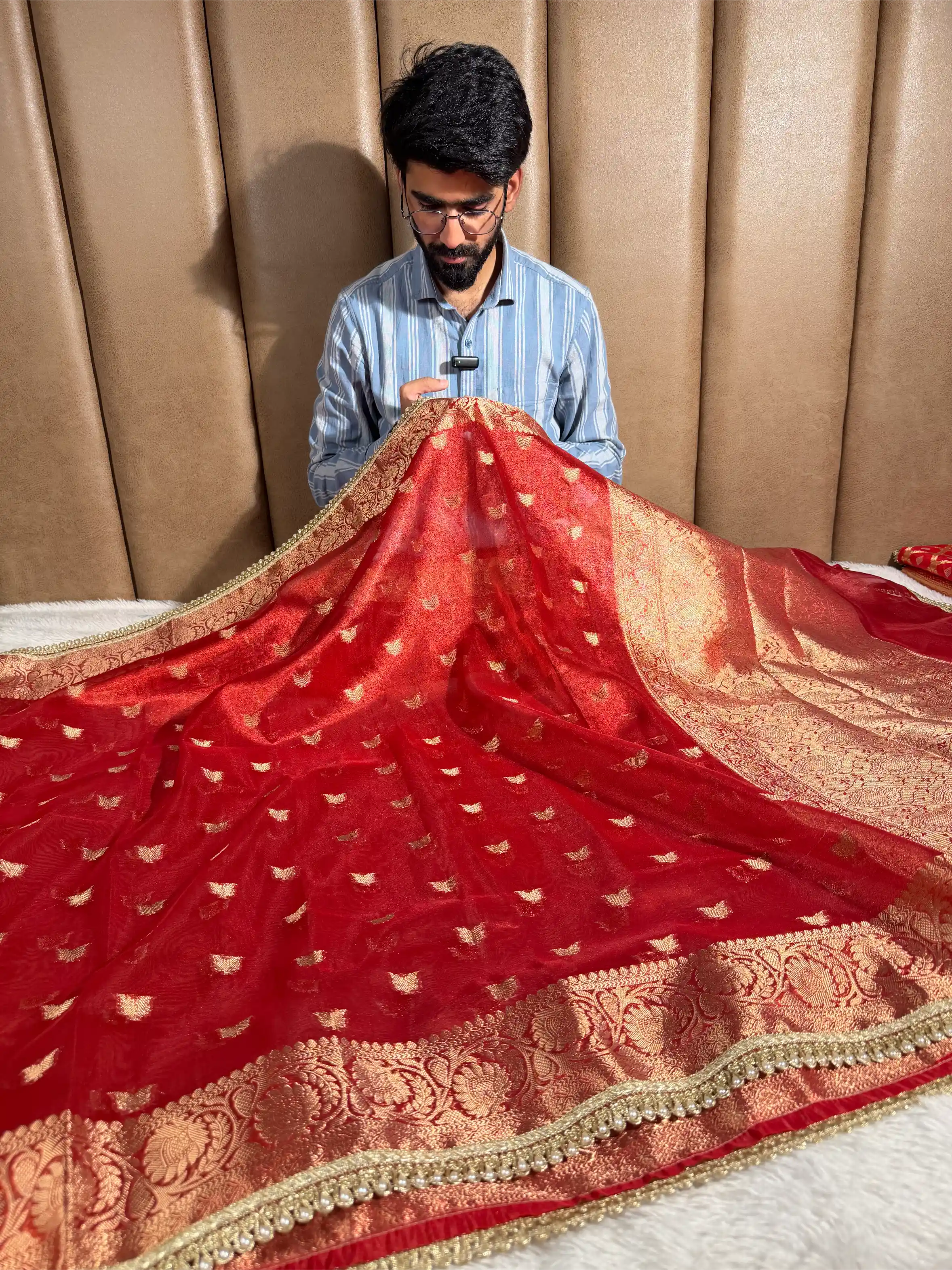Carmine Red Tissue Silk Designer Lace Work Banarasi Saree