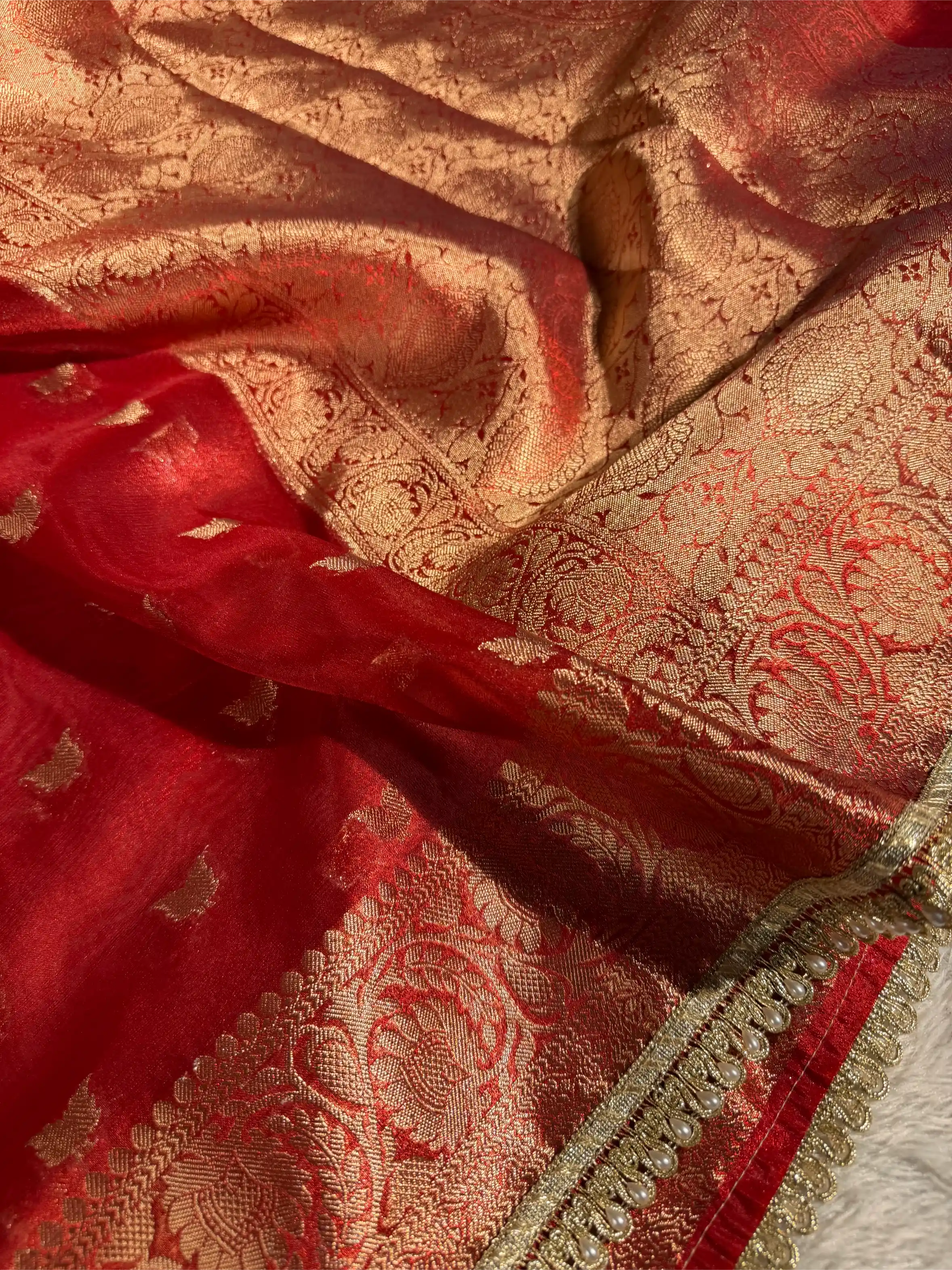 Carmine Red Tissue Silk Designer Lace Work Banarasi Saree