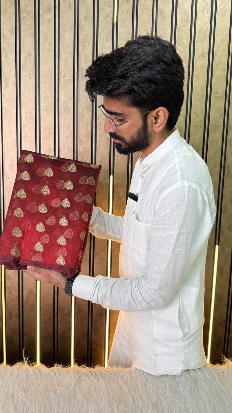 Carmine Red Glass Tissue Silk Banarasi Saree in Borderless Concept with Heavy Stone work 