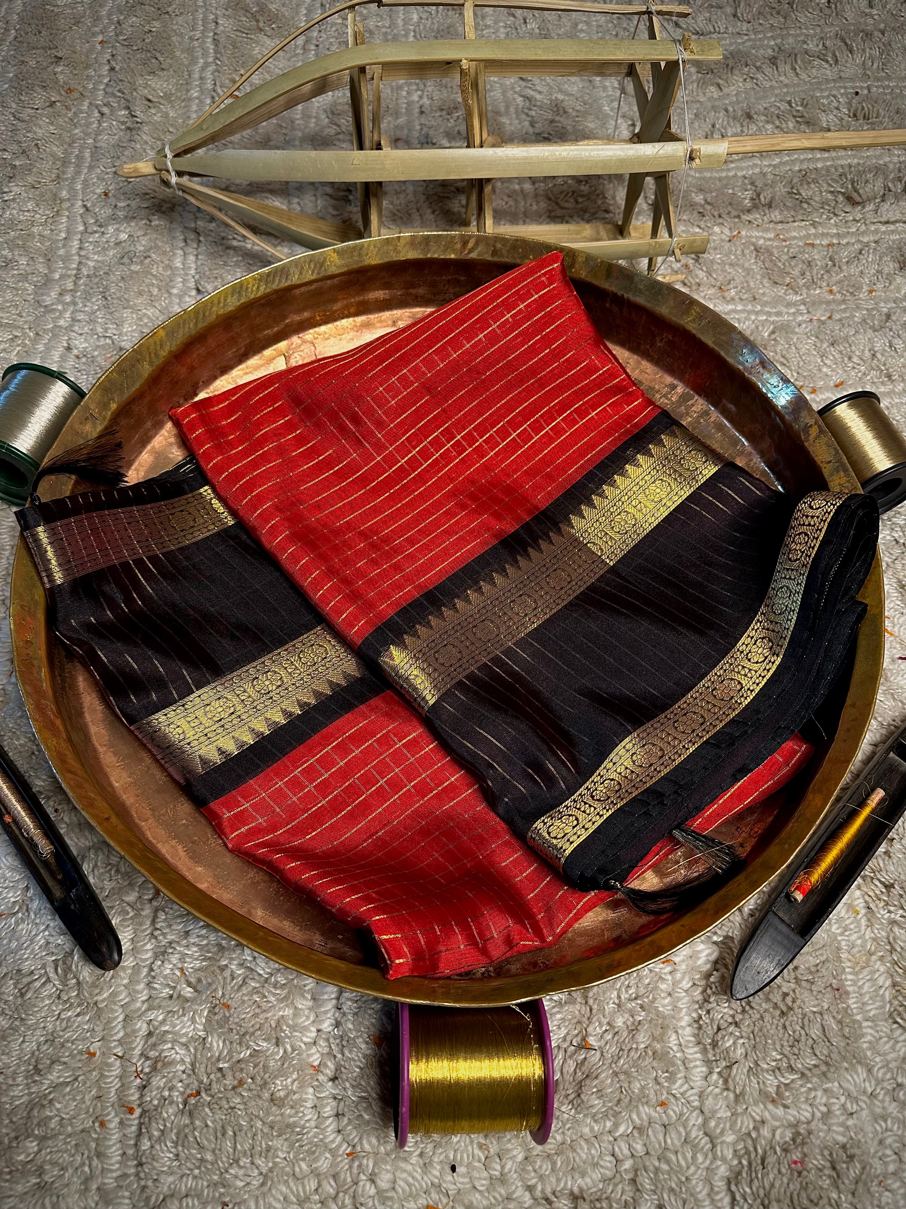 Checks red black cotton soft saree