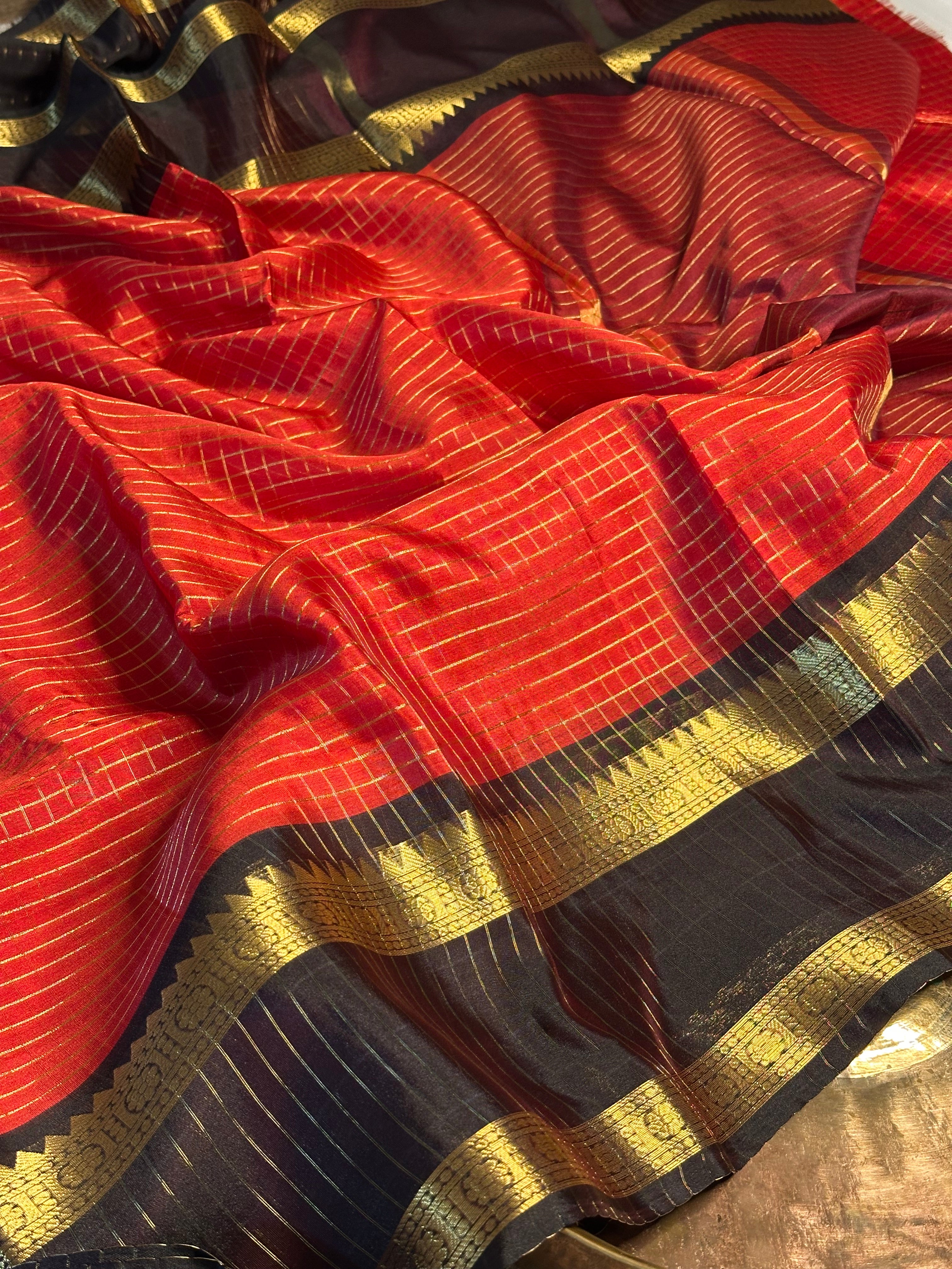 Checks red black cotton soft saree