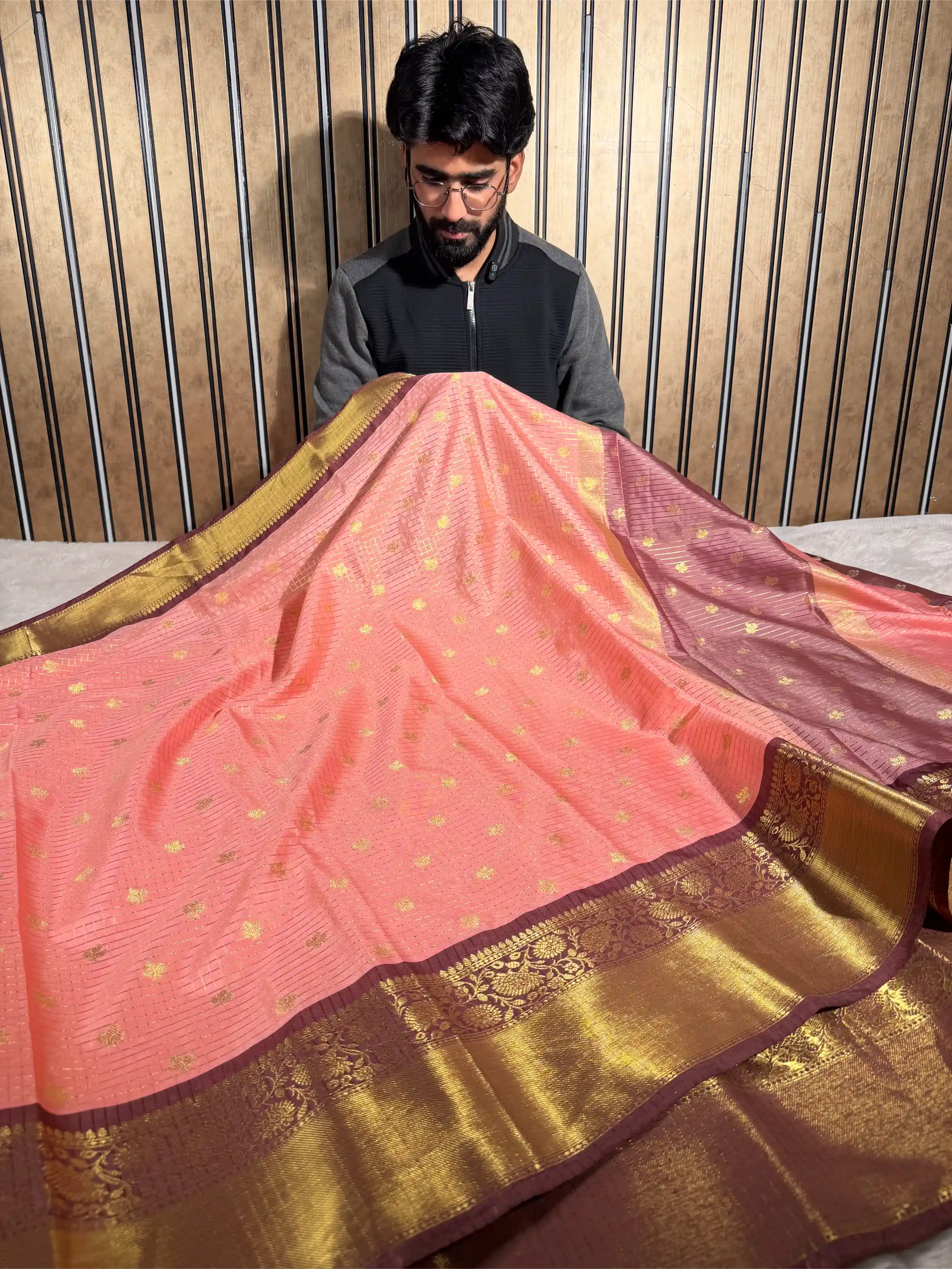 Cherry Peach Kanchi Silk Maheshwari Checks Banarasi Saree