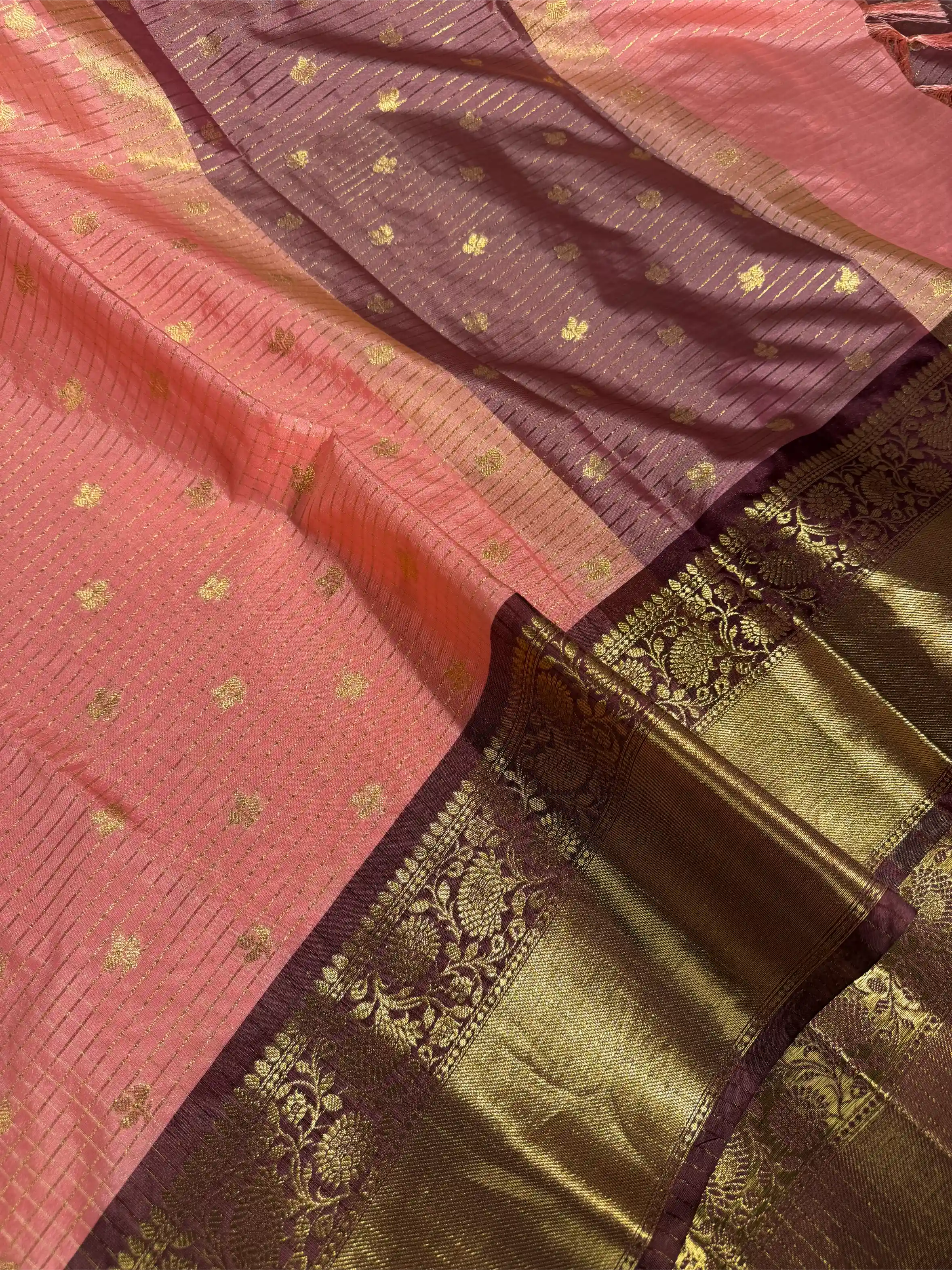 Cherry Peach Kanchi Silk Maheshwari Checks Banarasi Saree