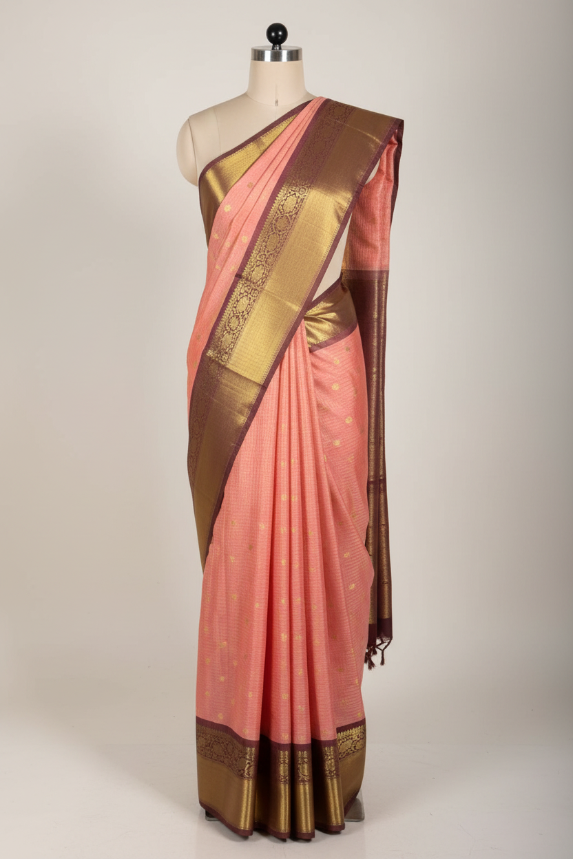 Cherry Peach Kanchi Silk Maheshwari Checks Banarasi Saree