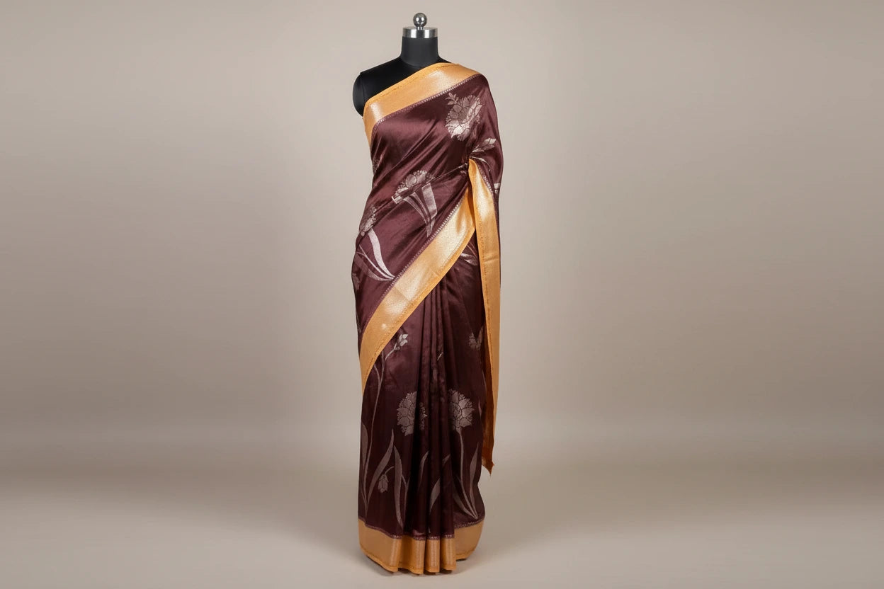 Chocolate Brown Chinia Silk Heritage Weave Banarasi saree