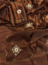 Chocolate Brown Shimmery Tissue Handwork Saree