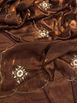 Chocolate Brown Shimmery Tissue Handwork Saree