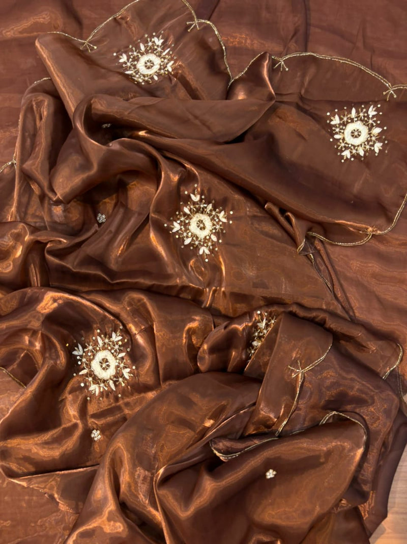 Chocolate Brown Shimmery Tissue Handwork Saree