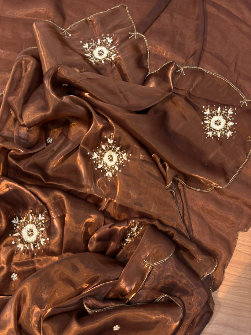 Chocolate Brown Shimmery Tissue Handwork Saree