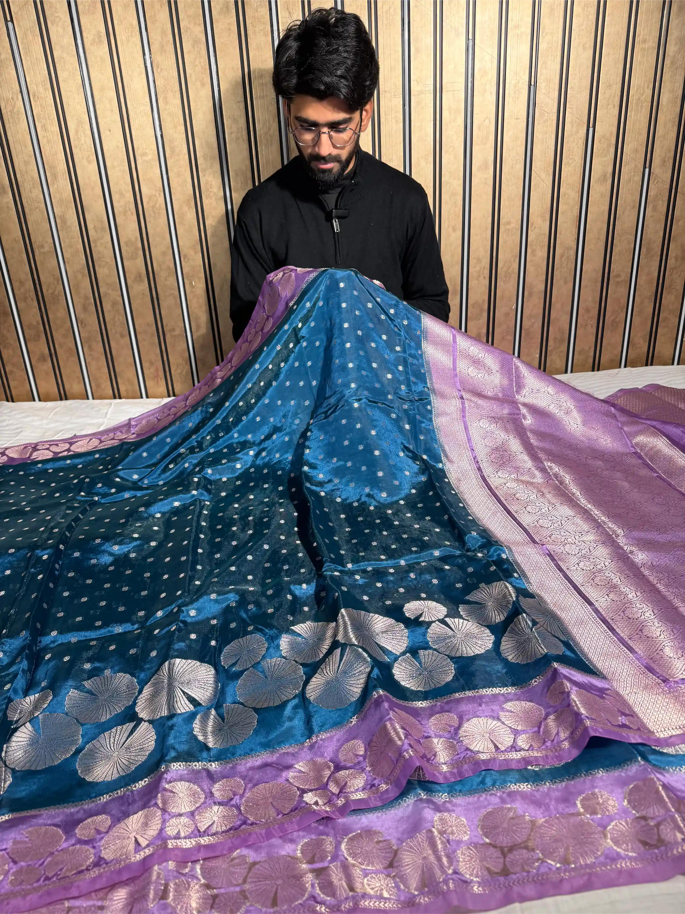 Cobalt Blue Banana Silk Contemporary Banarasi Saree