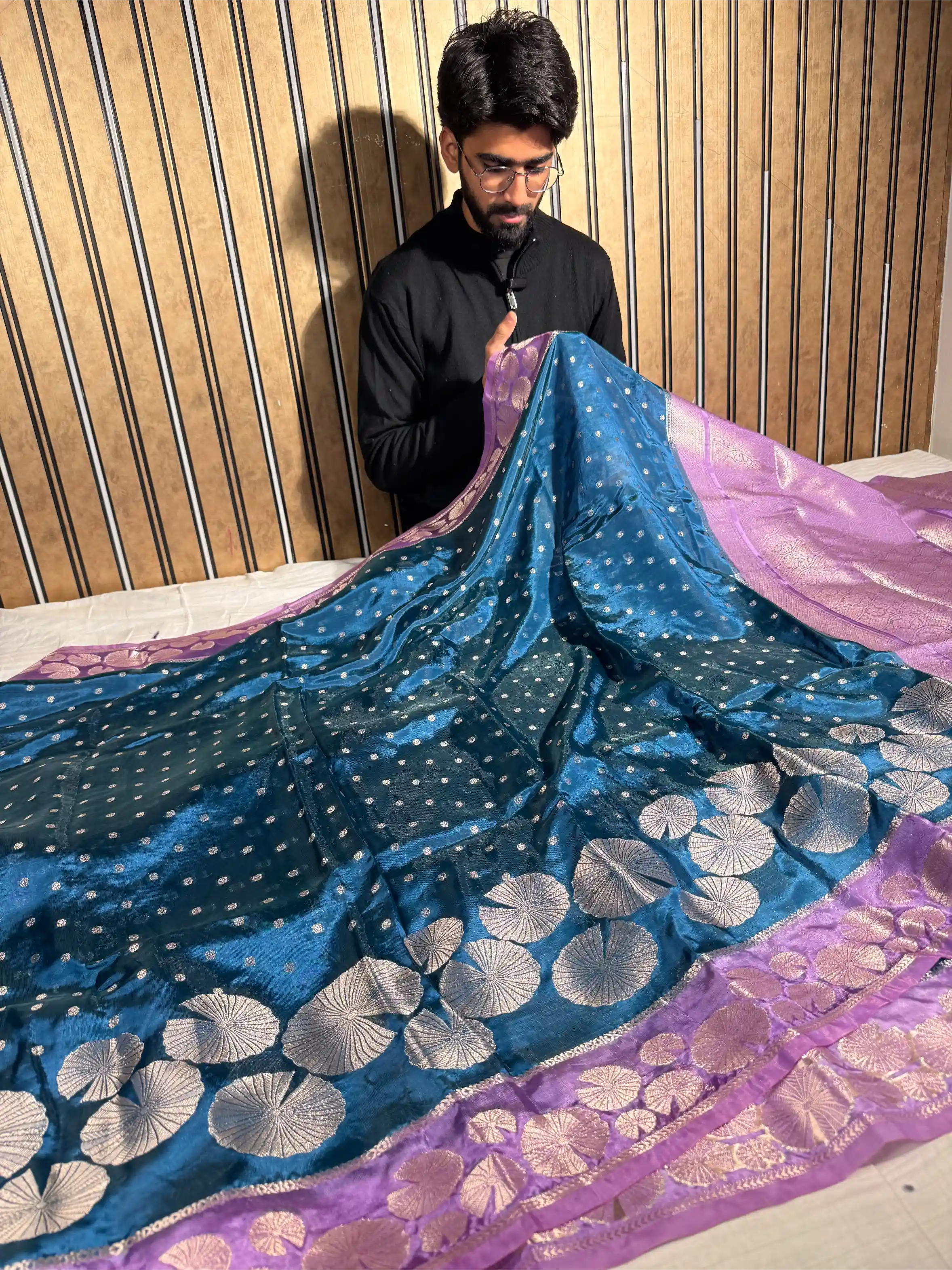 Cobalt Blue Banana Silk Contemporary Banarasi Saree