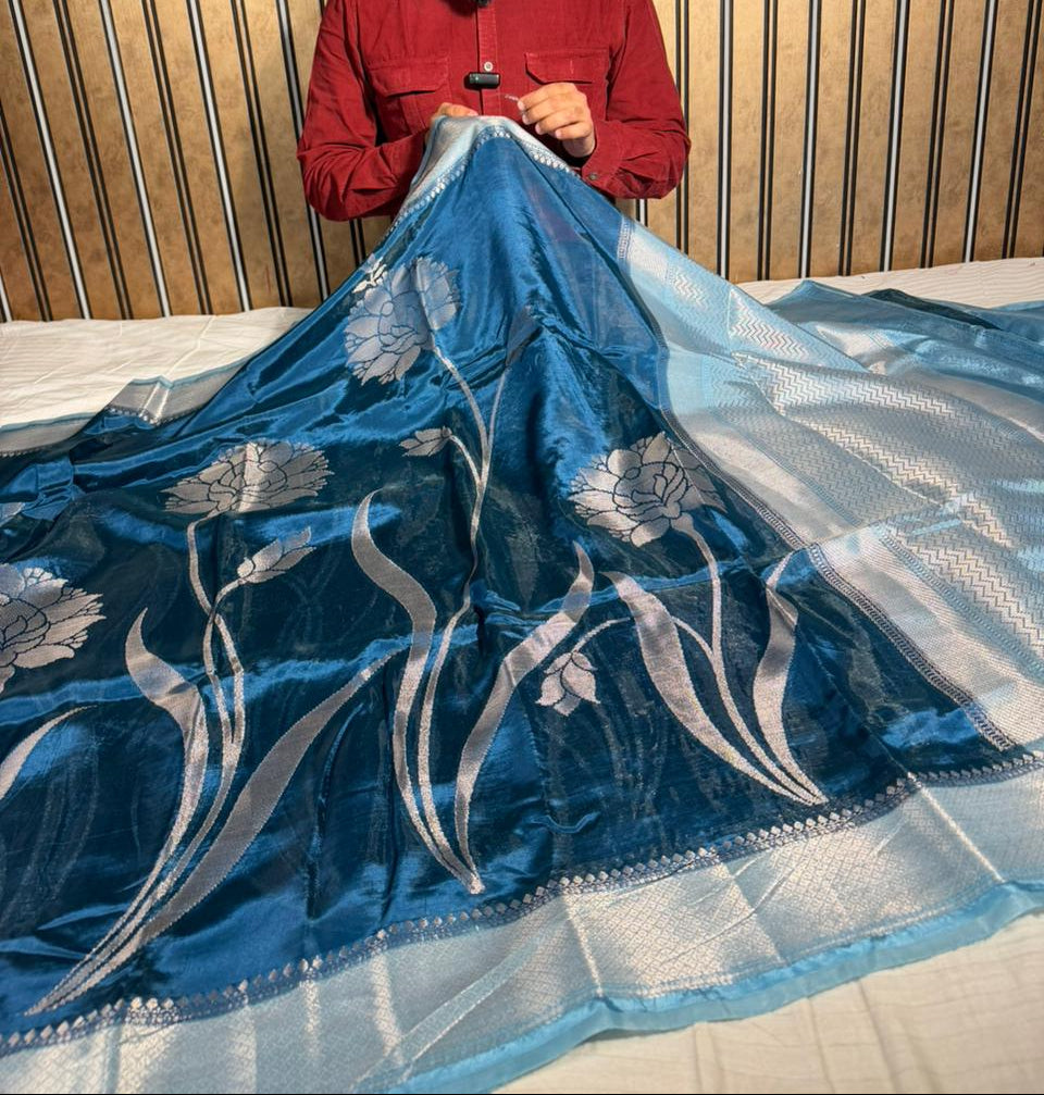 Cobalt Blue Banana Silk Heritage Weave Banarasi Saree