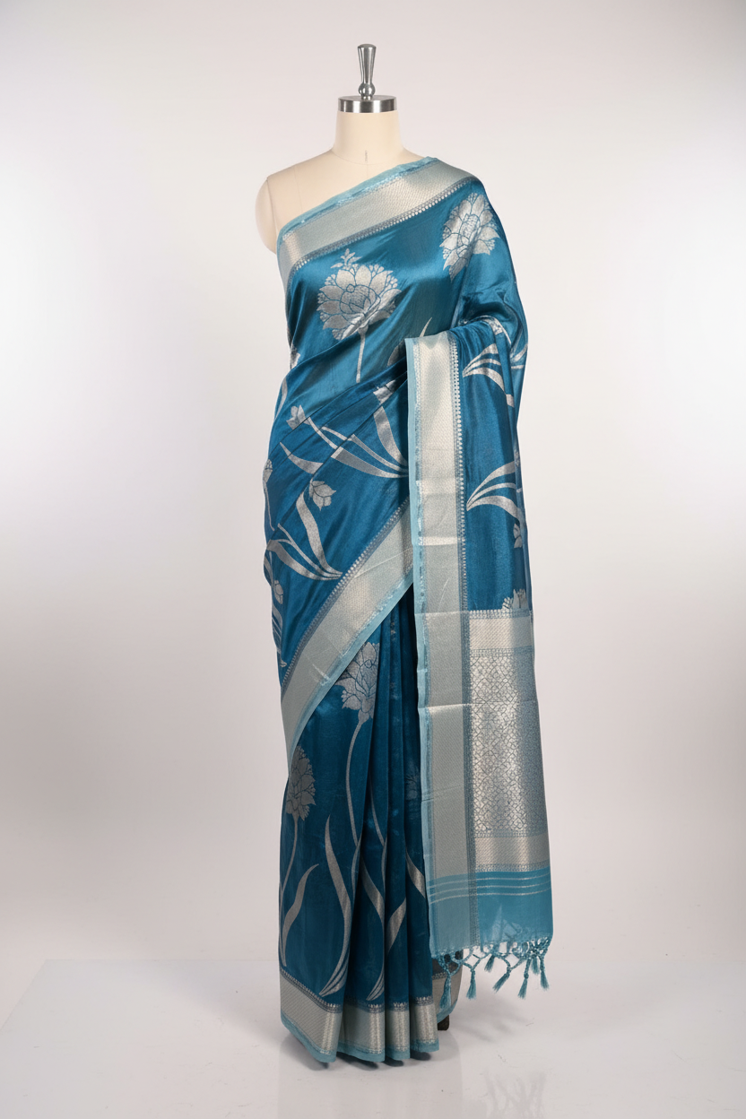 Cobalt Blue Chinia Silk Heritage Weave Banarasi Saree