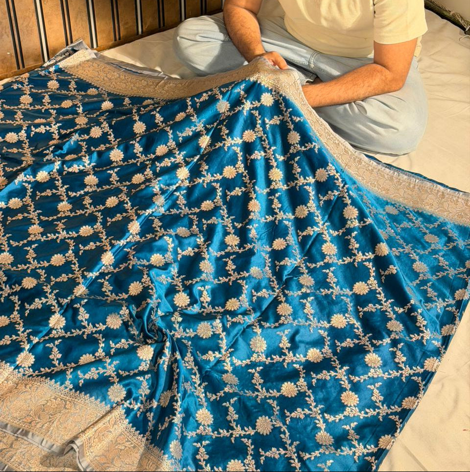 Cobalt Blue Eccentric Mashru Katan Silk Banarasi Saree