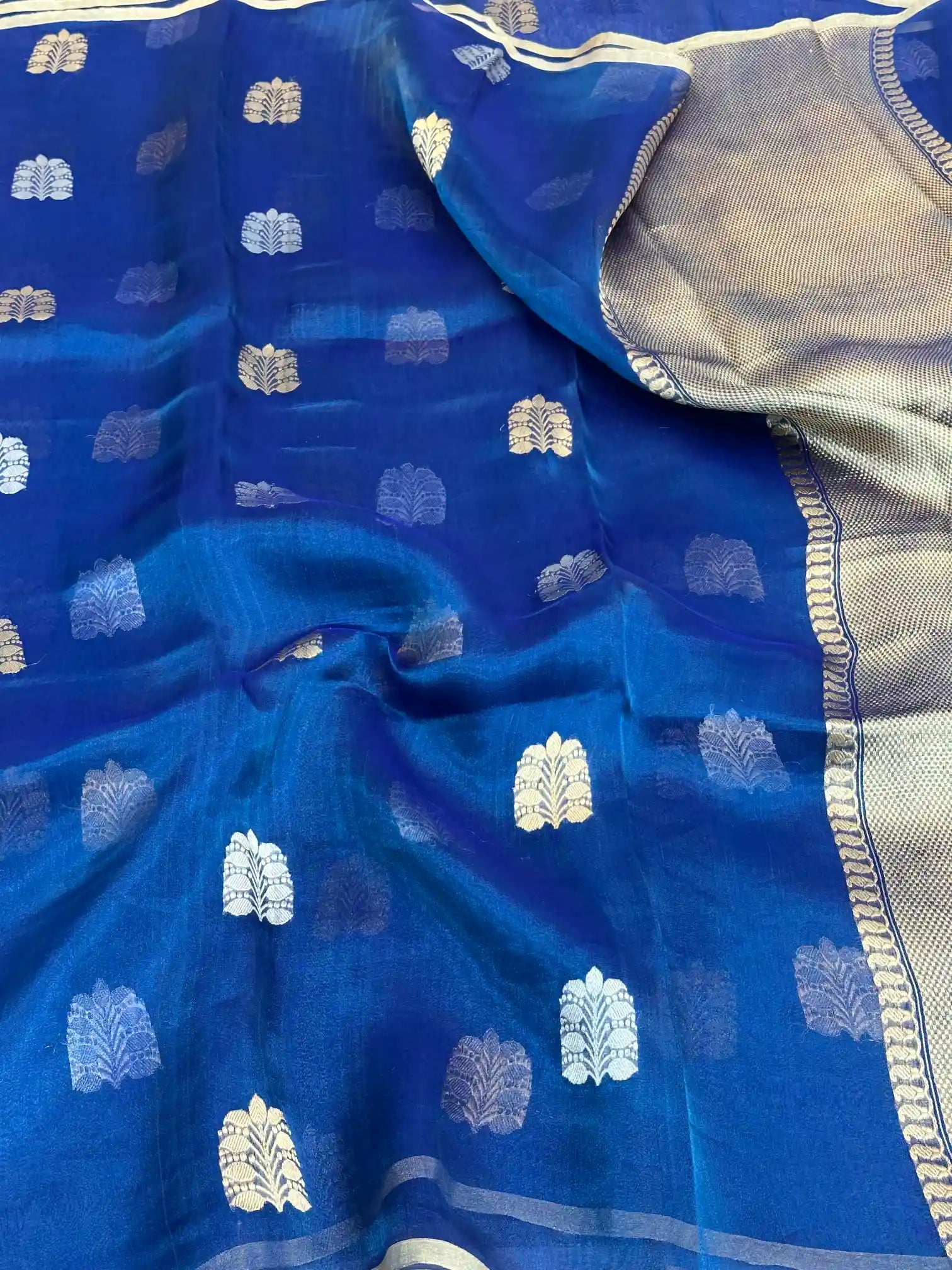 Cobalt Blue Handwoven Pure Tissue Silk Saree