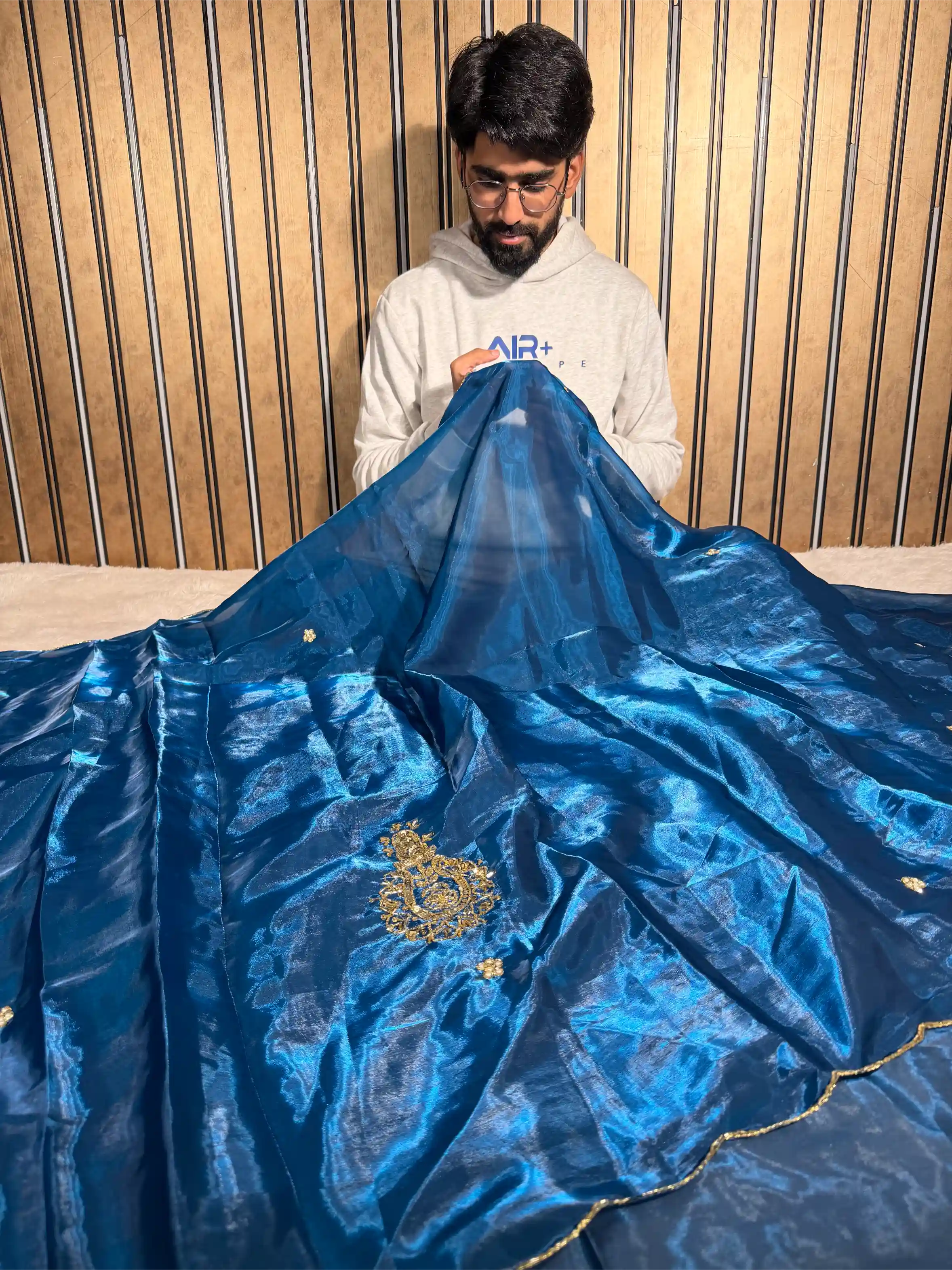 Cobalt Blue Shimmery Tissue Silk Handwork Saree