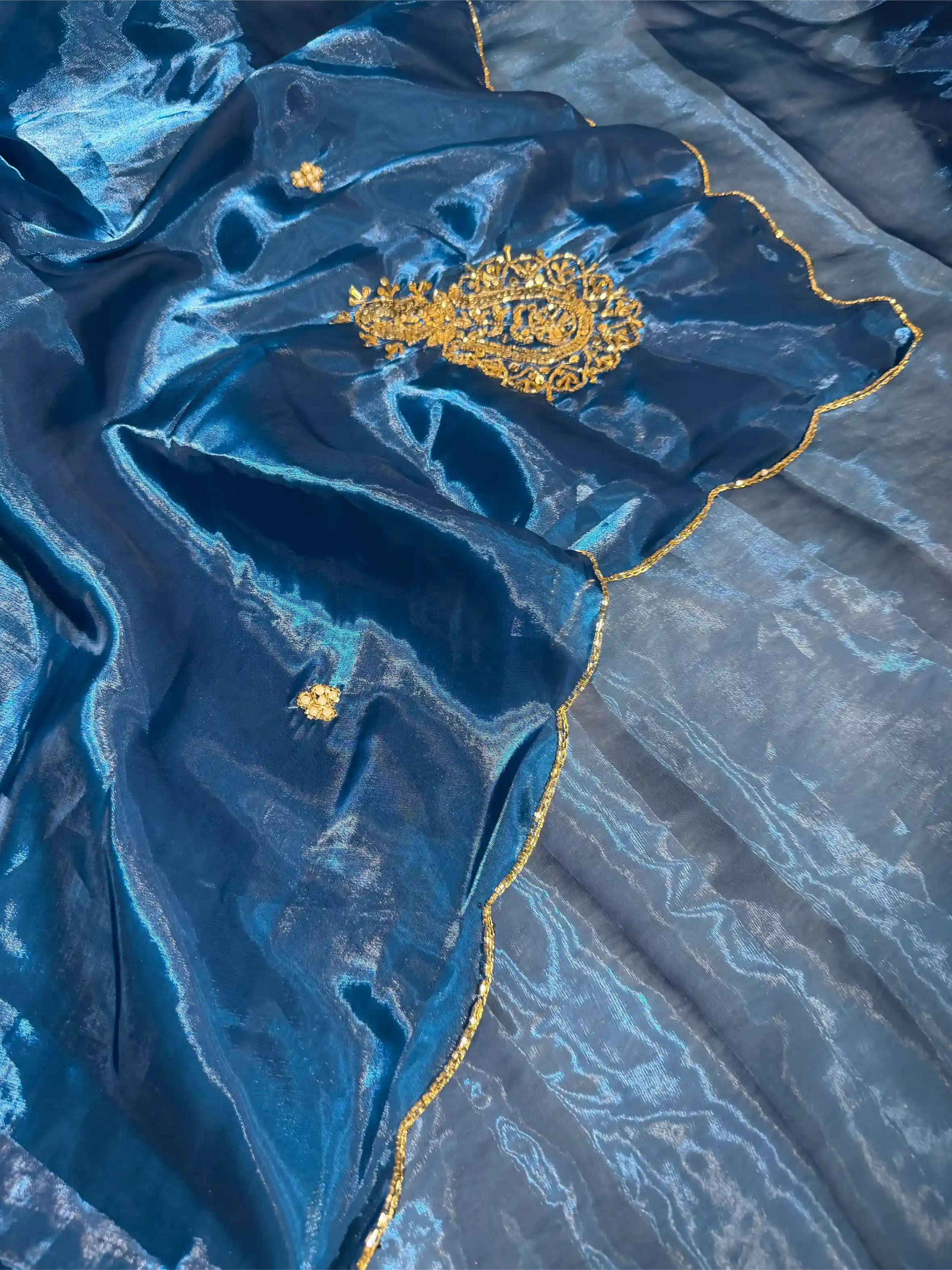 Cobalt Blue Shimmery Tissue Silk Handwork Saree