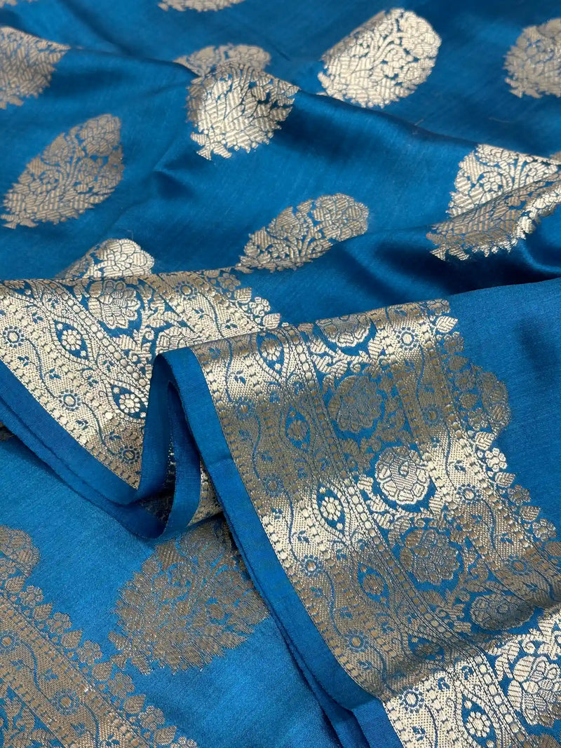 Cobalt Blue Pure Chiniya Silk Banarasi Saree