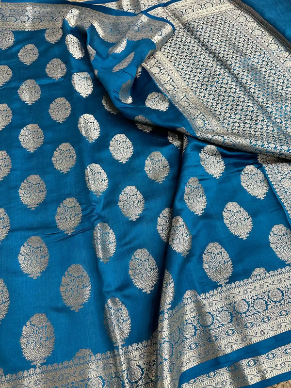 Cobalt Blue Pure Chiniya Silk Banarasi Saree