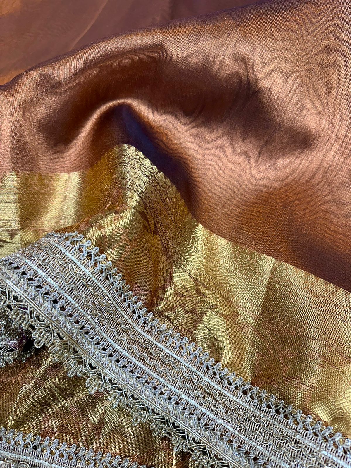 Coffee Brown Tissue Silk Lace Attached Banarasi Saree