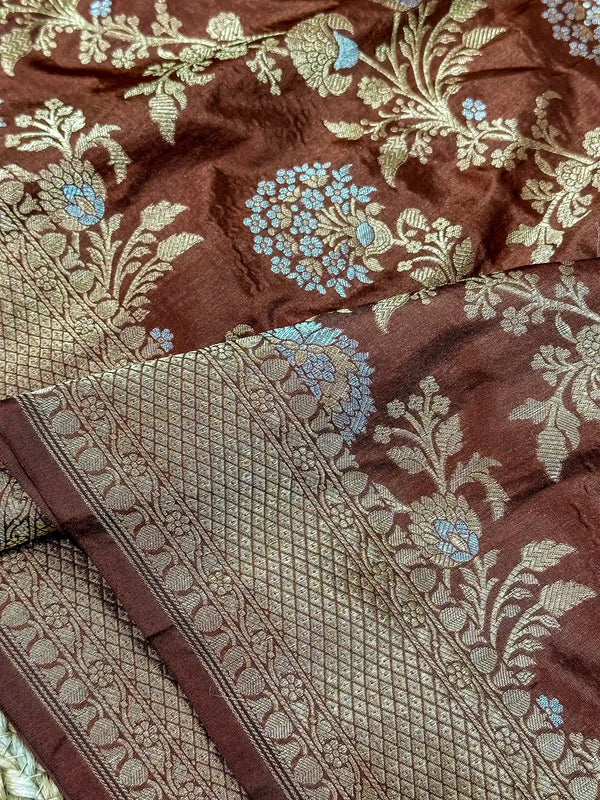 Coffee Brown Silver Zari Weave Pure Katan Silk Saree
