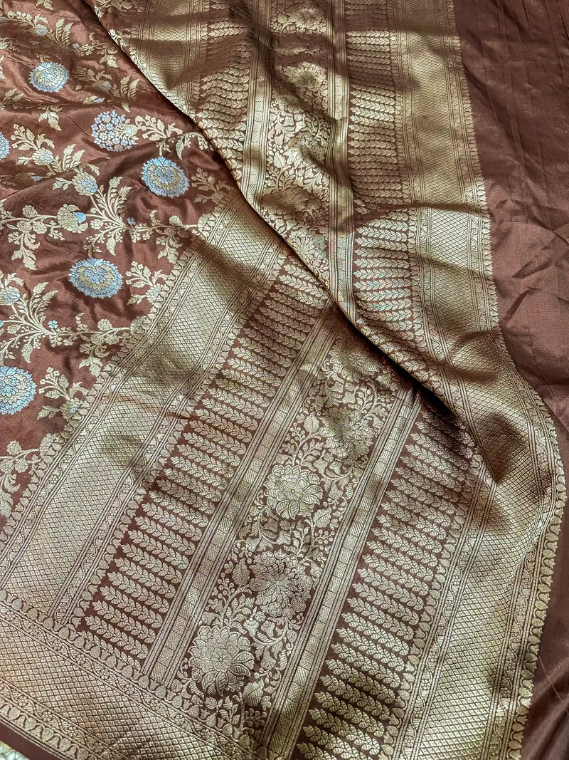 Coffee Brown Silver Zari Weave Pure Katan Silk Saree
